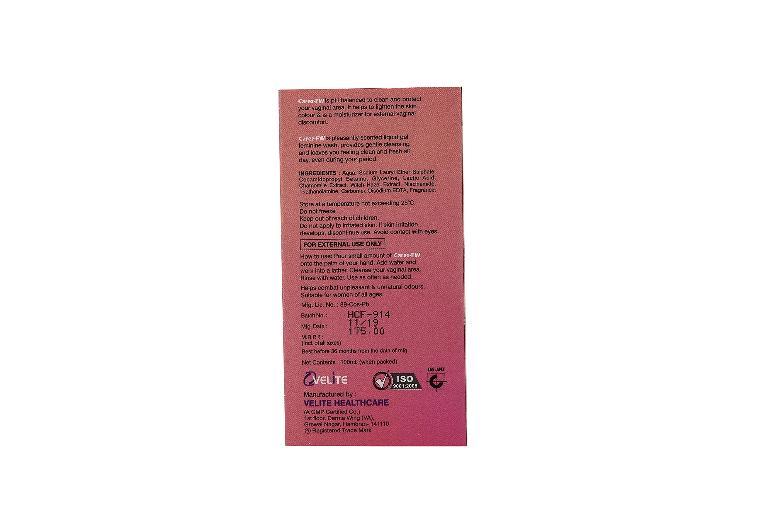 Carez FW Intimate Wash pH Balanced Feminine Hygiene Wash 100ml - Gentle Cleansing for Daily Feminine Care & Comfort