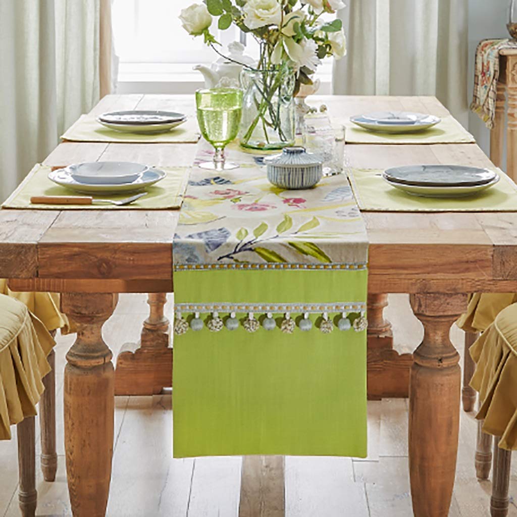 Handmade Linen Table Runner - Natural Flax Fabric, Hand Stitched Rectangle Lace Tablecloth Decor (Green, 35x180cm) - Perfect for Dining Tables, Weddings, and Home Decor