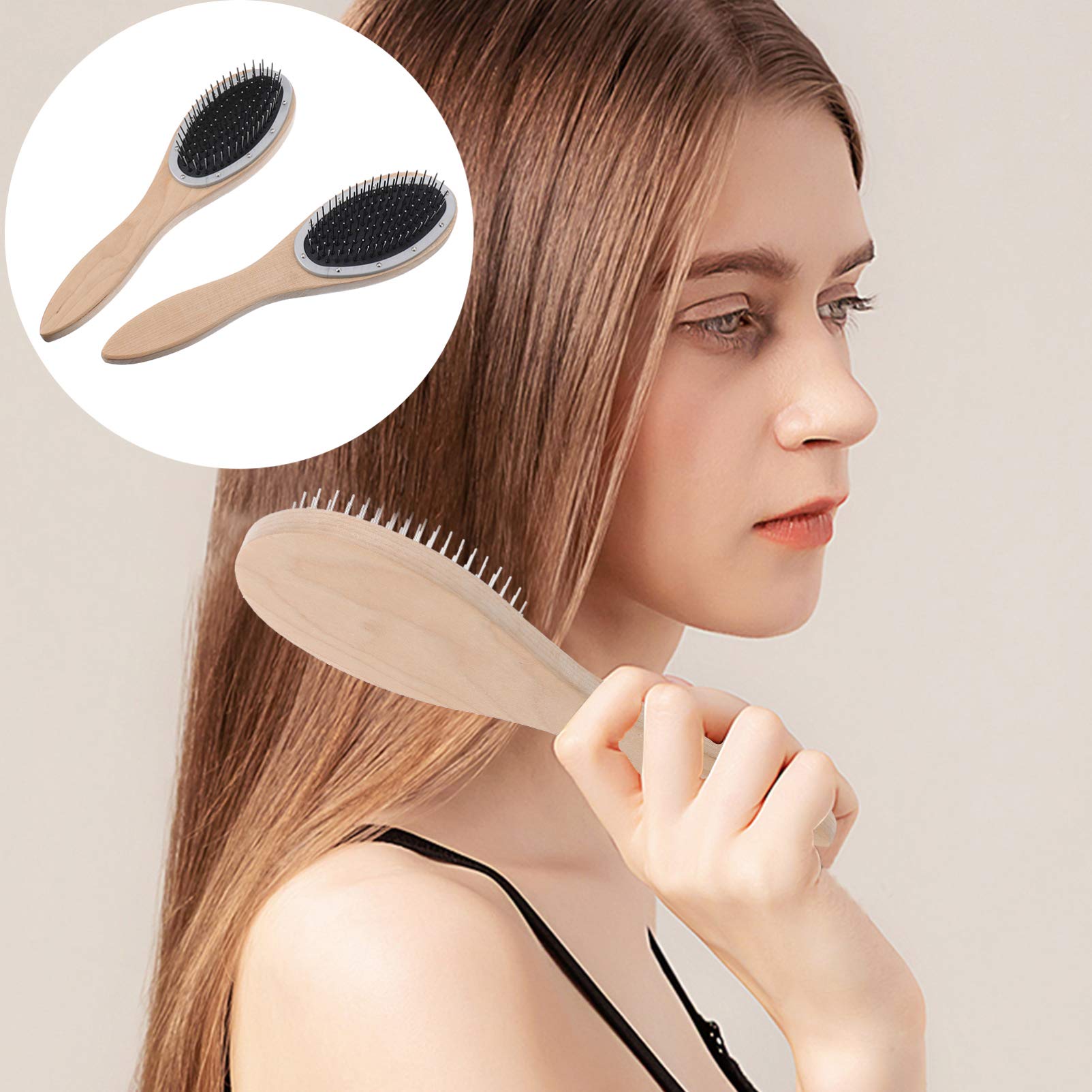 2pcs Wooden Hair Brush with Steel Bristles - Detangling Comb for Smooth Hair Care