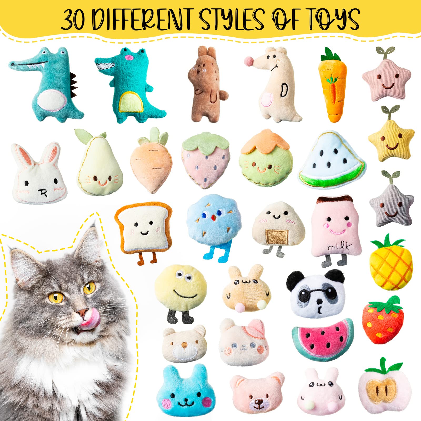 30 Pcs Catnip Toys for Indoor Cats - Interactive Kitten Toys with Catnip, Plush Chew Toys for Teething & Dental Health - Soft Kitty Toys in 30 Styles (Great for Playtime, Training & Stress Relief)