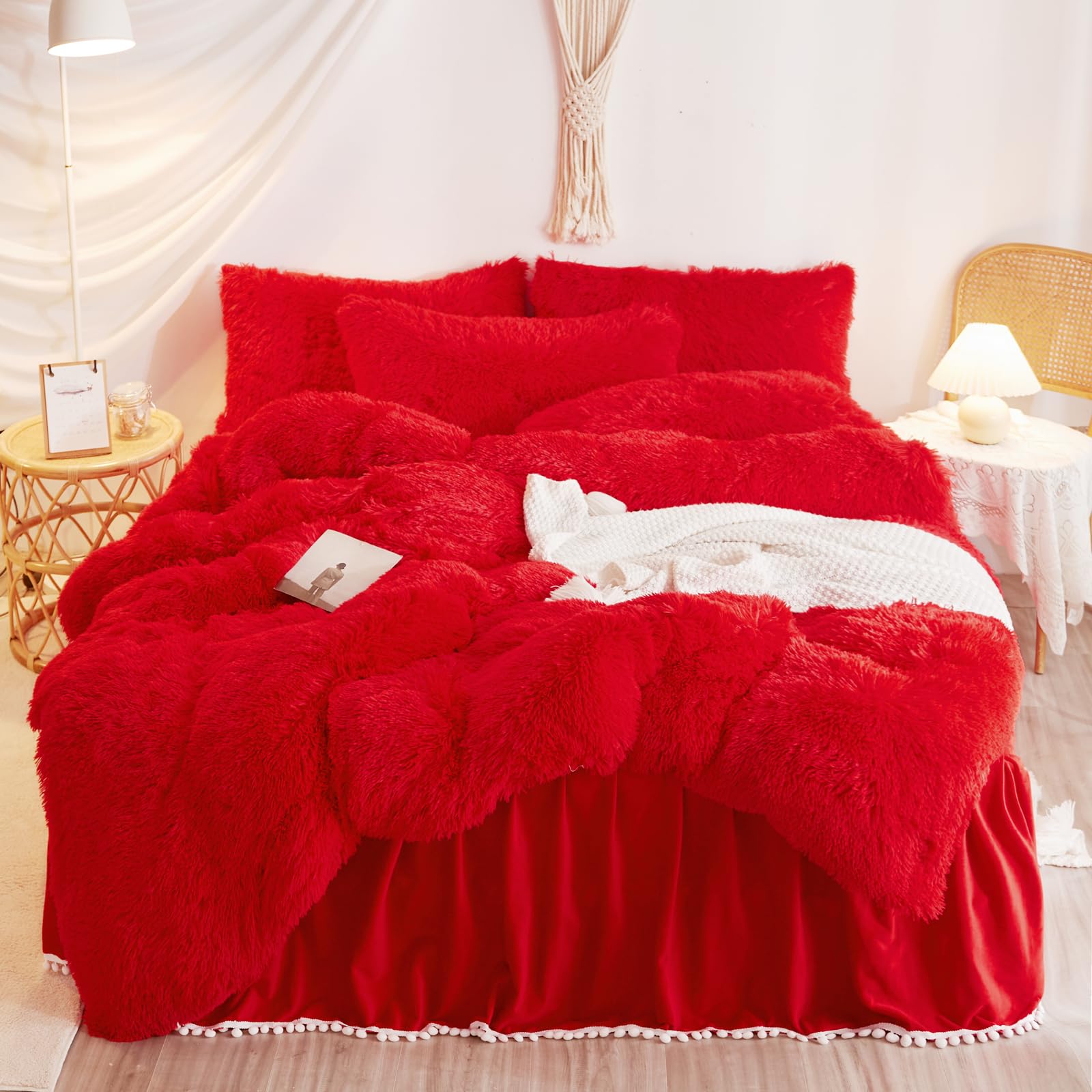 Fluffy Red Comforter Cover Set Queen Size - Plush 3-Piece Bedding Set (1 Faux Fur Duvet Cover + 2 Fuzzy Pillowcases) - Ultra Soft Red Bed Set for Cozy Winter Nights - Perfect for Master Bedroom & Guest Room Decor