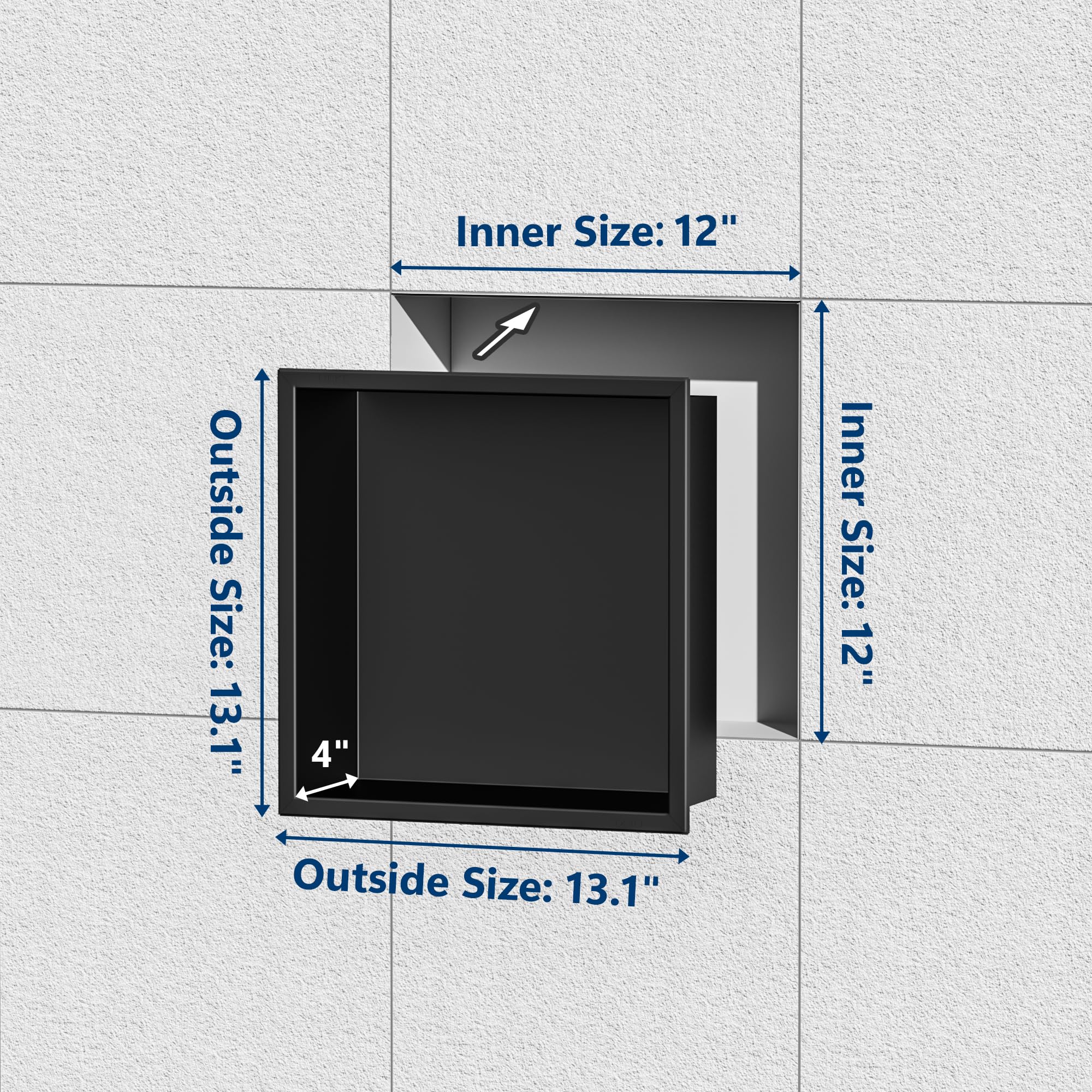 12x12 Inch Stainless Steel Bathroom Wall Niche - Waterproof Shower Recessed Shelf, No Tile Required, Matte Black Finish | Perfect for Bathroom Storage, Shampoo & Soap Organization, Modern Home Decor