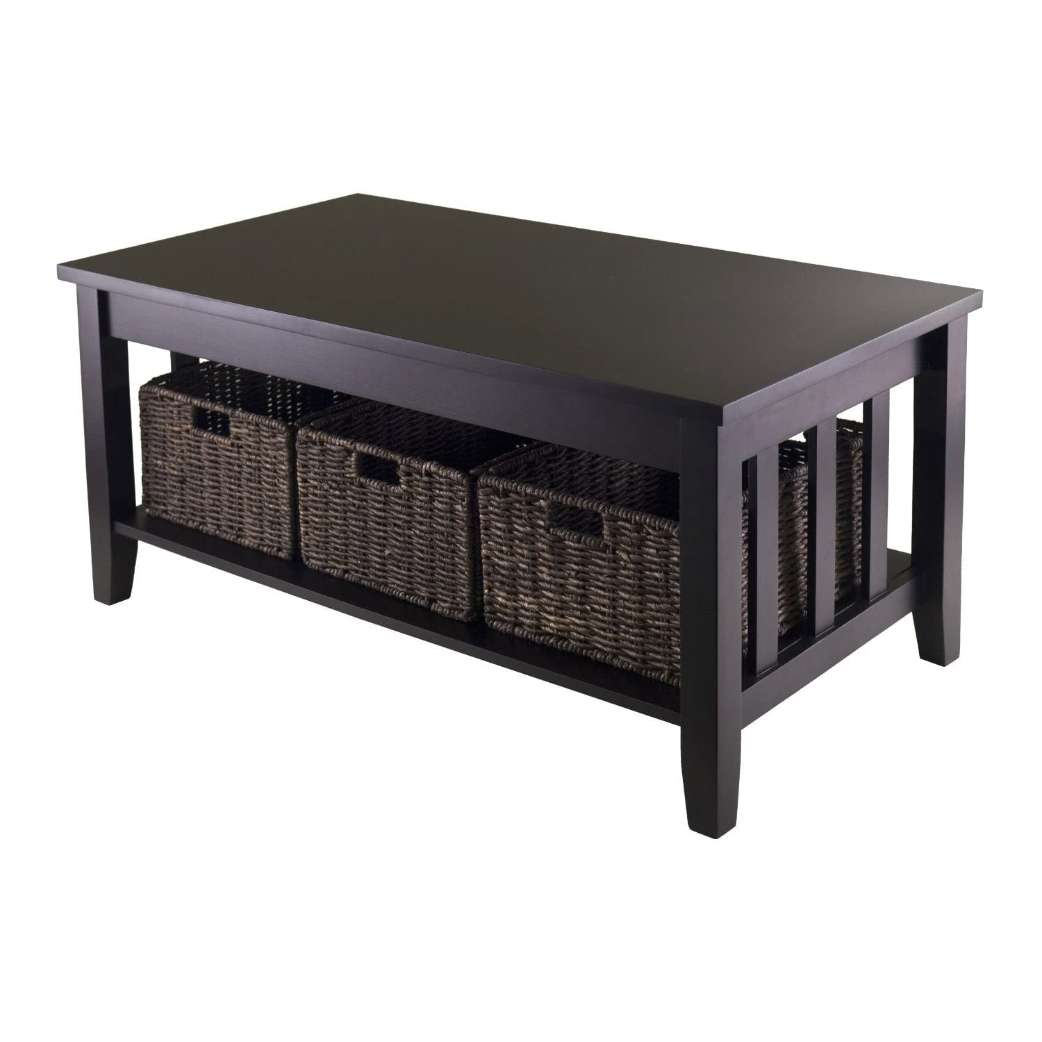 Mission Style Dark Wood Coffee Table with 3-Folding Storage Baskets - Rustic Living Room Furniture for Small Spaces & Home Organization