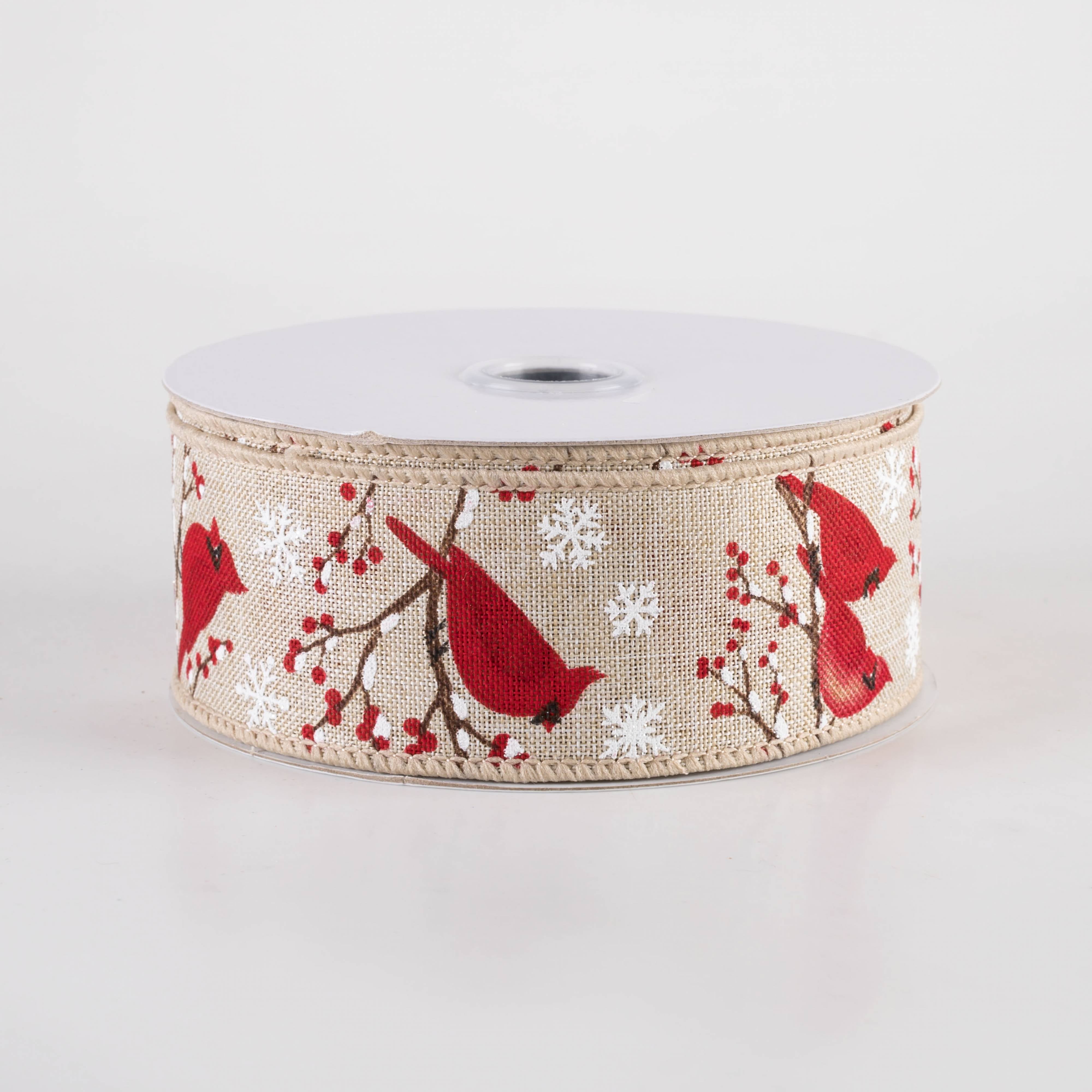 1.5 Inch Cardinal, Snowflake & Berries Christmas Ribbon - Natural Holiday Decor (10 Yards) - Perfect for Gift Wrapping, Tree Trimming, and Festive DIY Crafts