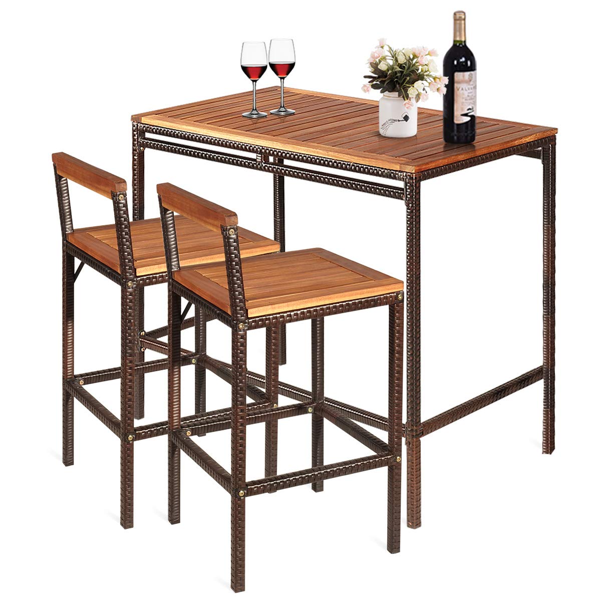 Tangkula 3-Piece Outdoor Bar Table Set - Acacia Wood Top Rattan Bistro Set with 2 Bar Stools for Patio, Backyard, Balcony & Dining Room | Perfect for Outdoor Entertaining, Alfresco Dining & Small Space Decor