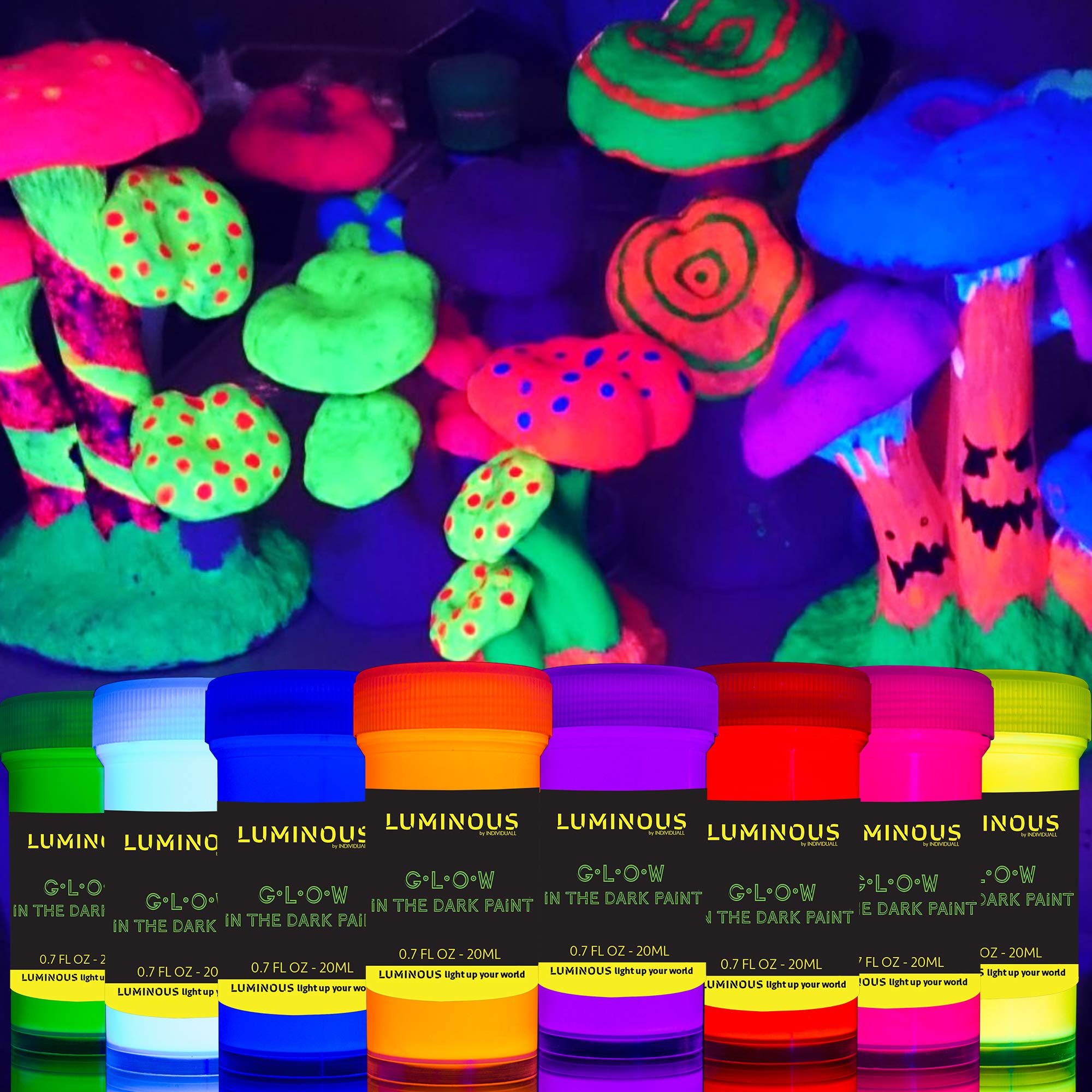 Glow in The Dark Paint Set of 8 - Long Lasting Phosphorescent Neon Paints for DIY Crafts, Easter Egg Decorations & Nighttime Art Projects - 8 x 20ml (0.7 fl oz) Luminous Paint Kit for Home, Party & Kids Activities