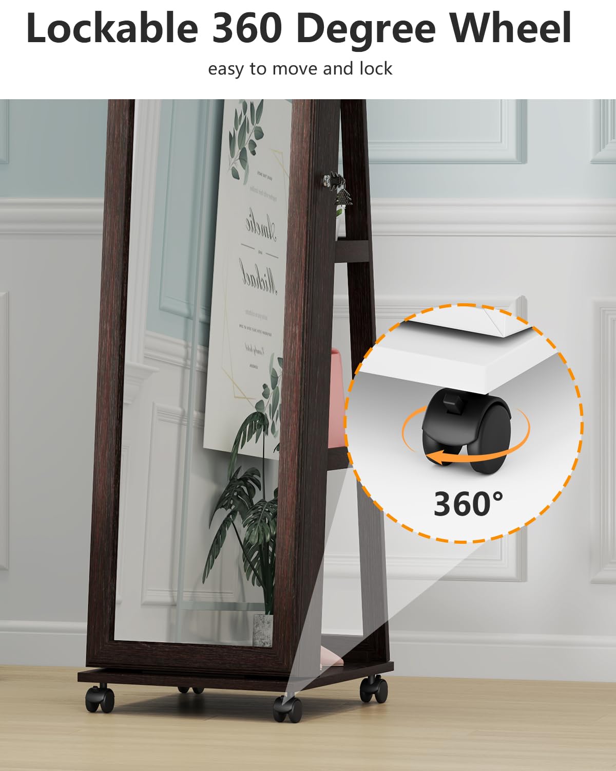 Full Length Mirror with Jewelry Storage - 360° Swivel Jewelry Cabinet with LED Lights & Lockable Organizer | Standing Jewelry Armoire with Mirror for Bedroom, Dressing Room & Christmas Gifts (Brown)