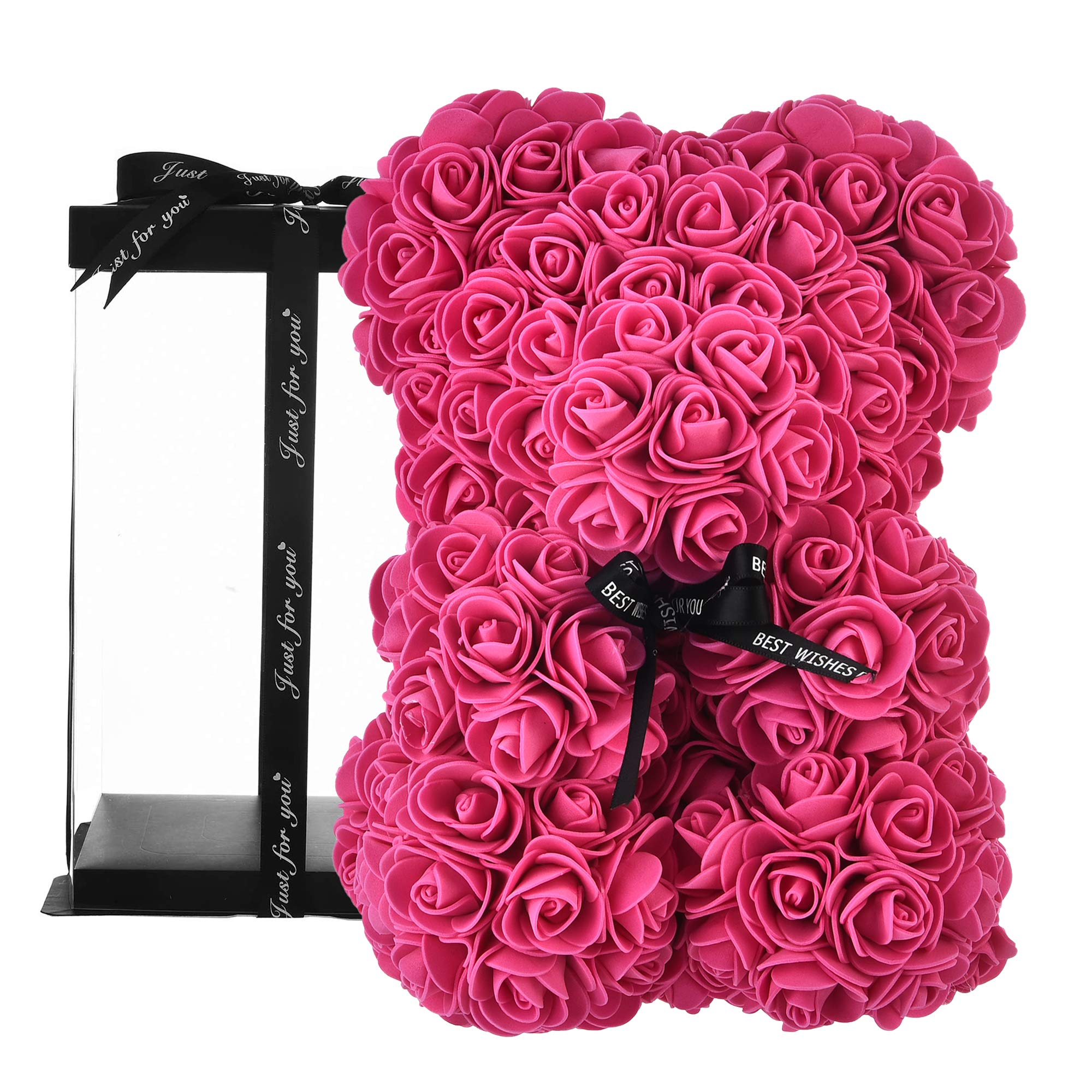 Rose Teddy Bear with Real Flowers - Perfect Gift for Mom, Wife, Girlfriend, Valentine's Day - Includes Elegant Clear Gift Box (10 Inch, Rose Red) - Ideal for Anniversaries, Birthdays & Romantic Surprises