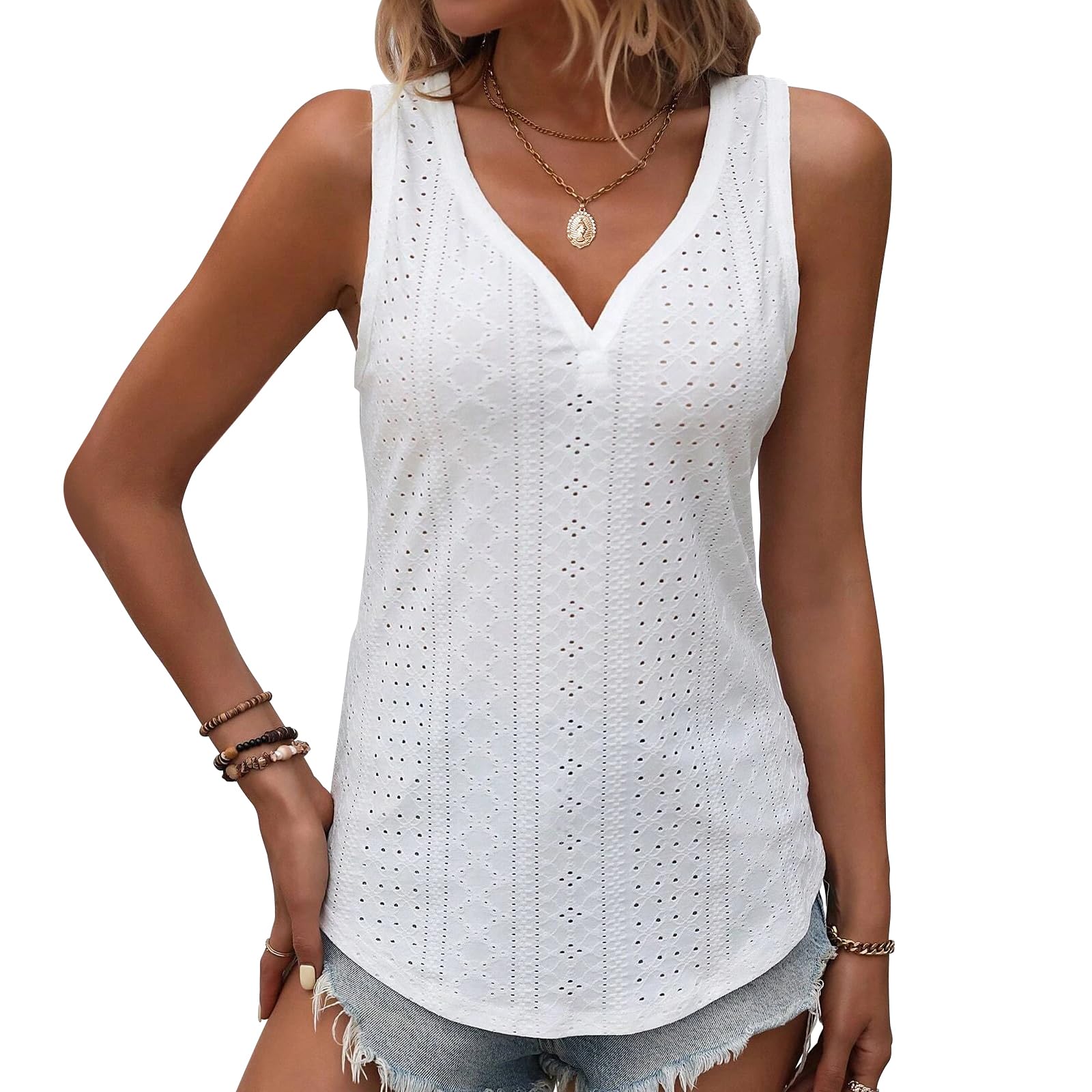 2024 Women's Summer V-Neck Sleeveless Embroidery Tank Tops - Casual Loose Fit Trendy Blouse, XL White Buttonless Top for Beach, Gym & Everyday Wear
