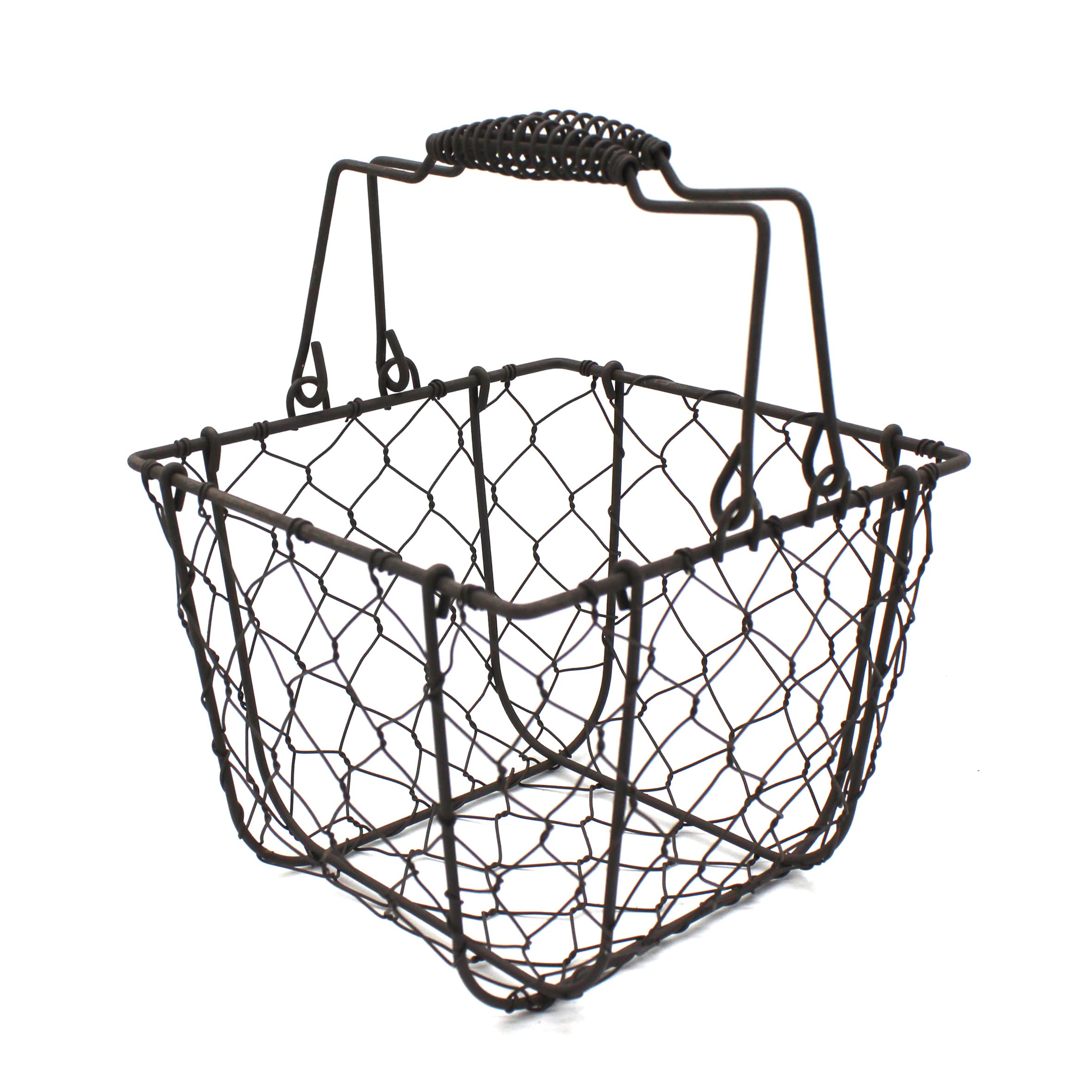 Vintage Rustic Square Chicken Wire Egg Basket with Swing Handles - Primitive Farmhouse Fruit Gathering Basket for Kitchen, Farmers Market & Home Decor