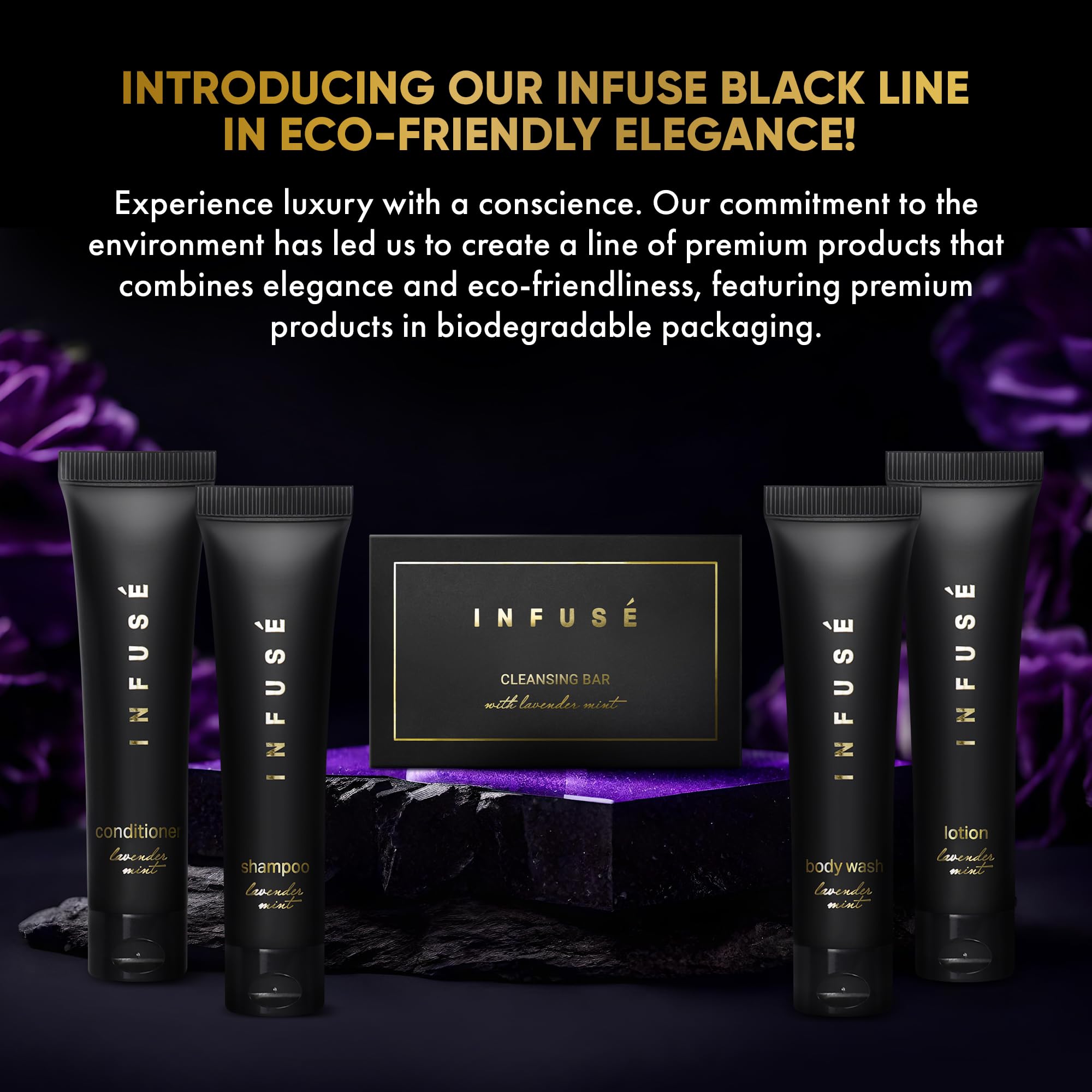 Infuse Black Hotel Soaps and Toiletries Bulk Set - 300 Pieces All-In-One Amenities Kit for Hotels & Airbnb | Includes Travel-Size 1 oz Shampoo, Conditioner, Body Wash, Lotion & 1.25 oz Cleansing Bar | Perfect for Hospitality Industry, Guest Bathrooms, and Luxury Accommodations
