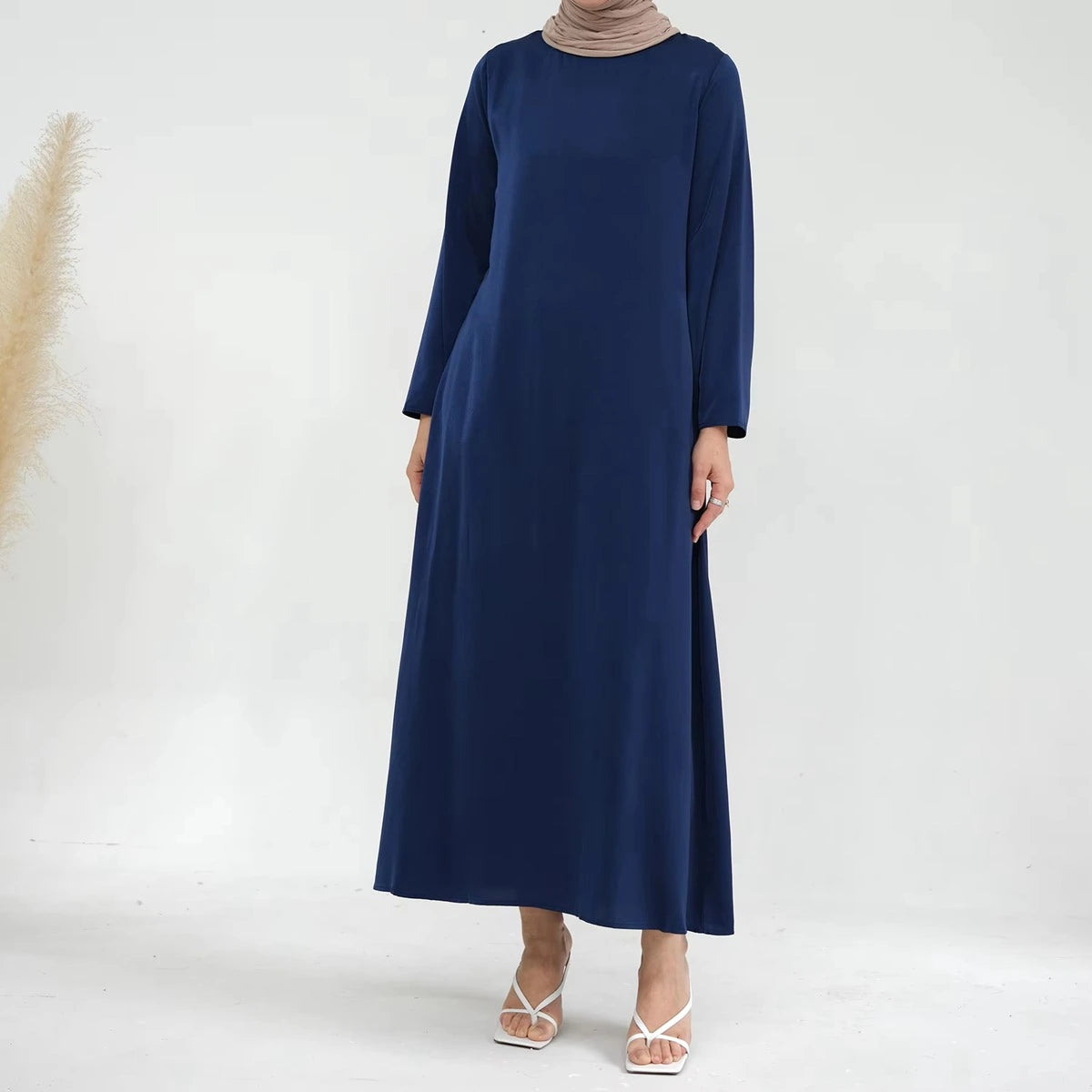 Elegant Muslim Women's Solid Color Satin Abaya Dress with Pocket & Belt - Perfect for Prayer, Eid, and Special Occasions