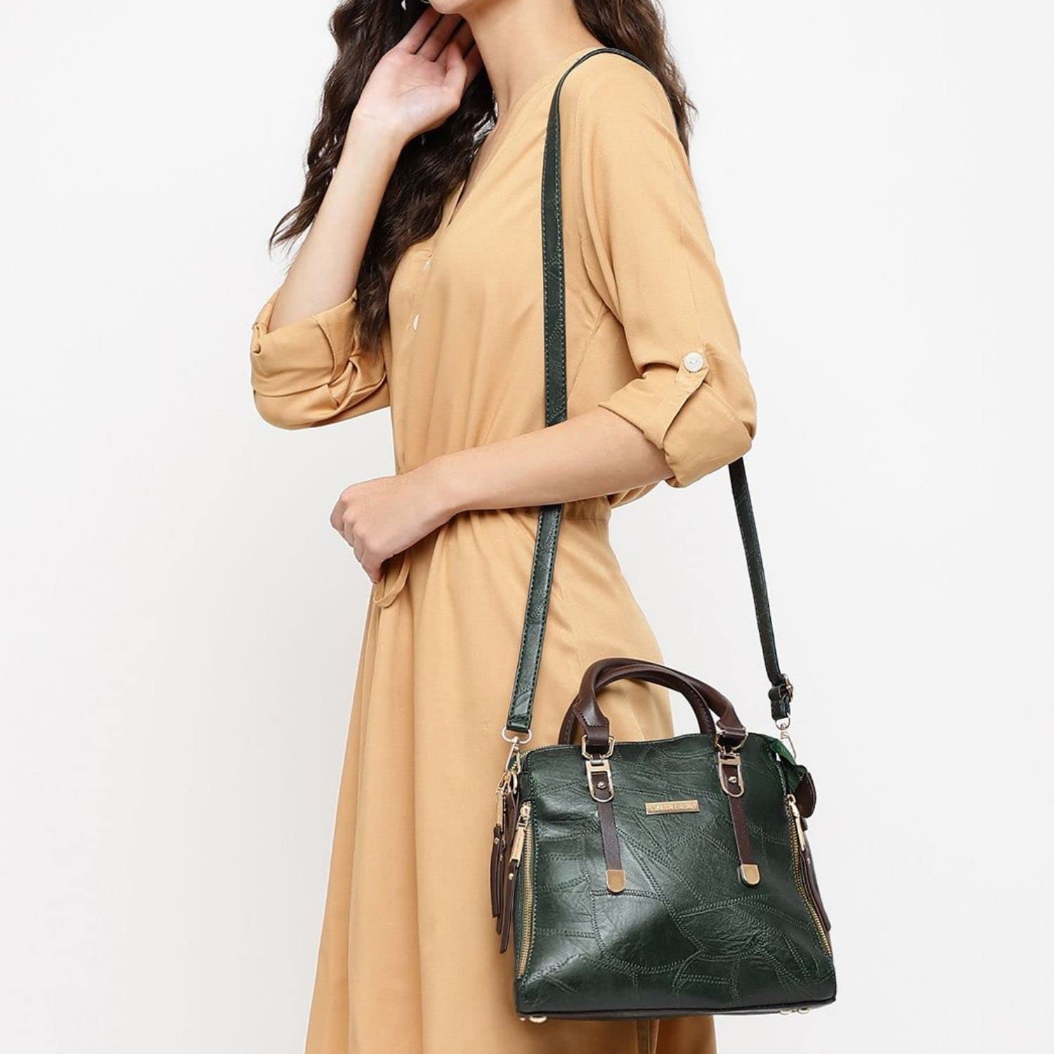Stylish Women's Leather Tote Shoulder Bag with Tassel - Green & Brown Crossbody Handbag for Work, Travel & Everyday Use | Fashionable Satchel Purse with Handle