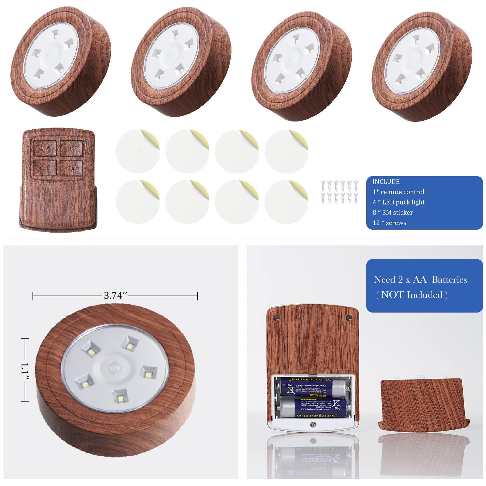 4 Pack LED Puck Lights with Remote - Dimmable Under Cabinet Lights, Battery Operated with Auto Timer - Perfect for Kitchen, Closet, Hallway & Stairs (Woodgrain Finish) - Ideal for Task Lighting & Home Decor
