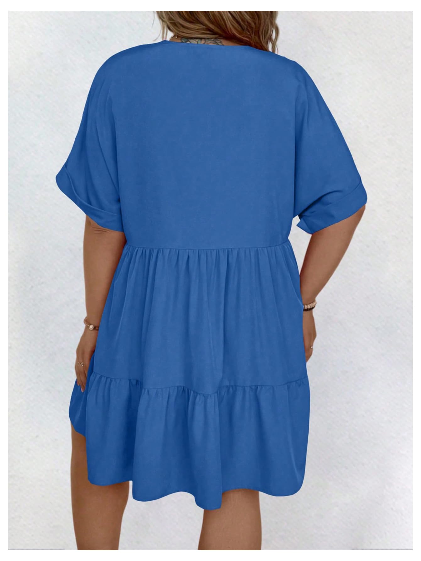 SOLY HUX Women's Plus Size V-Neck Flowy Summer Dress - Short Sleeve Loose Swing Smocked Casual Dress for Women, Perfect for Beach Vacation, Outdoor Picnic & Daily Wear