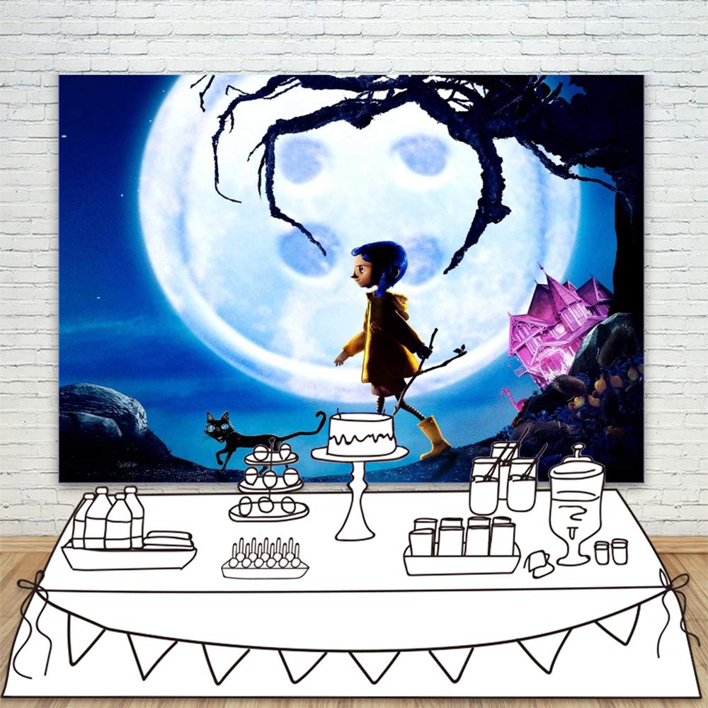 Coraline Movie Photo Backdrop - 7x5ft Halloween Birthday Party Decor with Bright Moon, Pink Palace & Black Cat - Studio Background for Girls' Themed Events, Photo Shoots & Home Decor