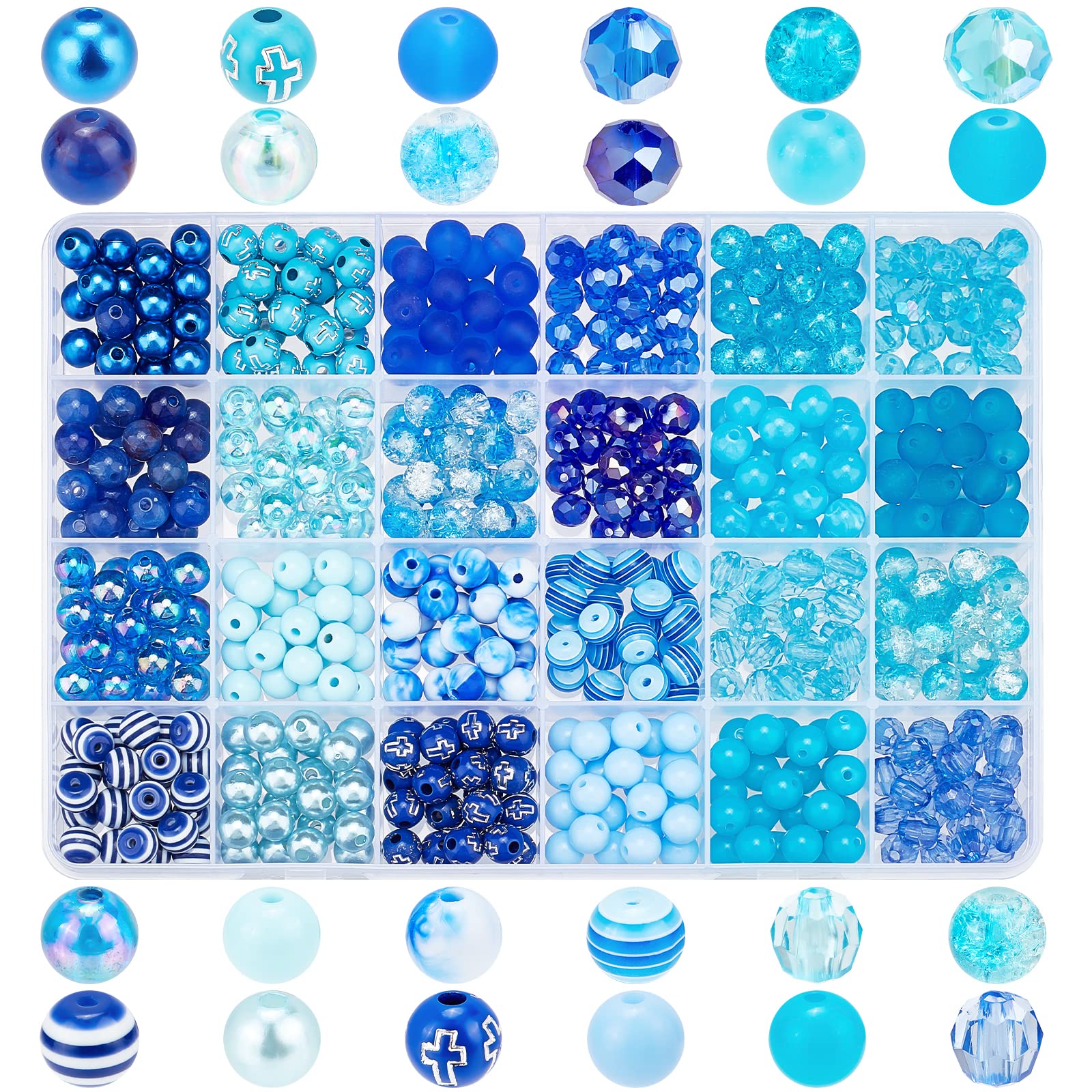 600pcs 8mm Blue Acrylic Glass Beads - 24 Styles Striped Pearl Sea Beads for Jewelry Making, DIY Bracelets, Necklaces, Earrings & Keychains | Perfect for Summer Boho Crafts & Gifts