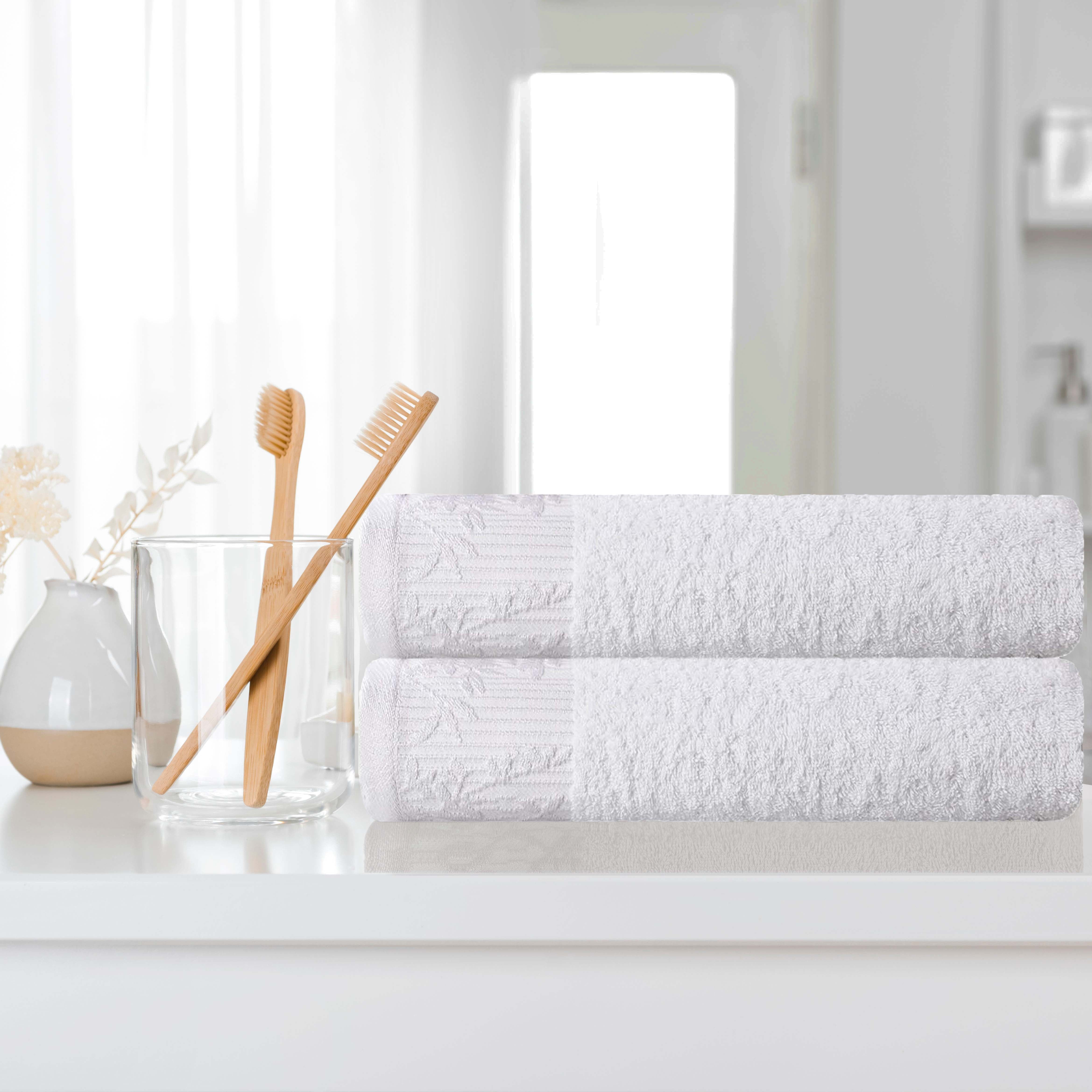 Premium Wisteria Cotton Floral Embroidered Jacquard Border Bath Towel Set of 2 - Soft Absorbent Luxury Towels for Spa, Bathroom & Guest Use