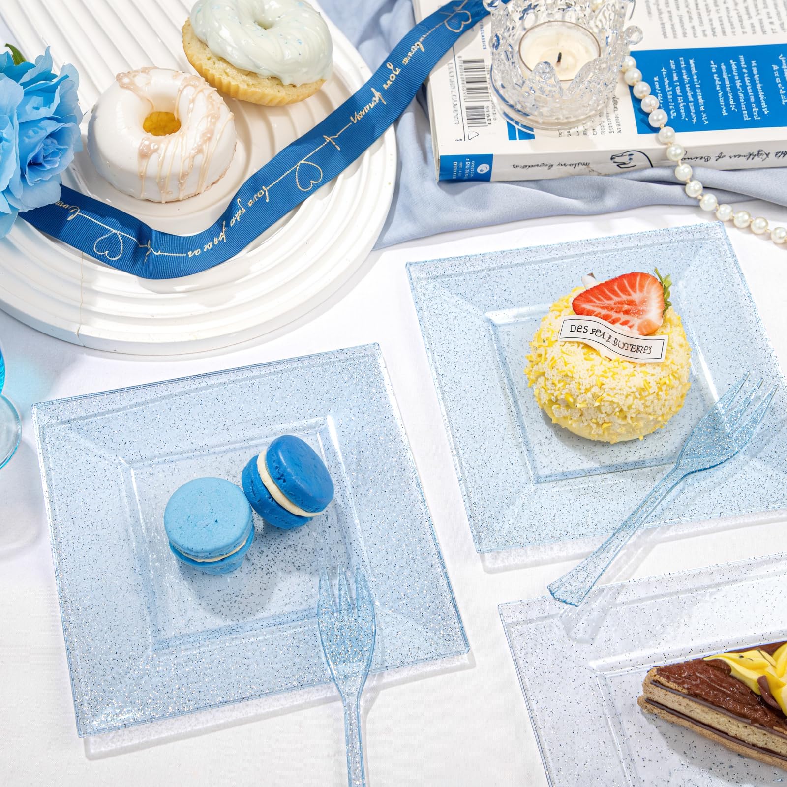 DaYammi 100-Pack Blue Glitter Disposable Dessert Plates 6 Inch with 100 Plastic Forks 5.7 Inch - Square Plastic Party Plates for 50 Guests - Elegant Appetizer & Cake Plates Set for Mother's Day, Birthday, Baby Shower & Wedding Celebrations