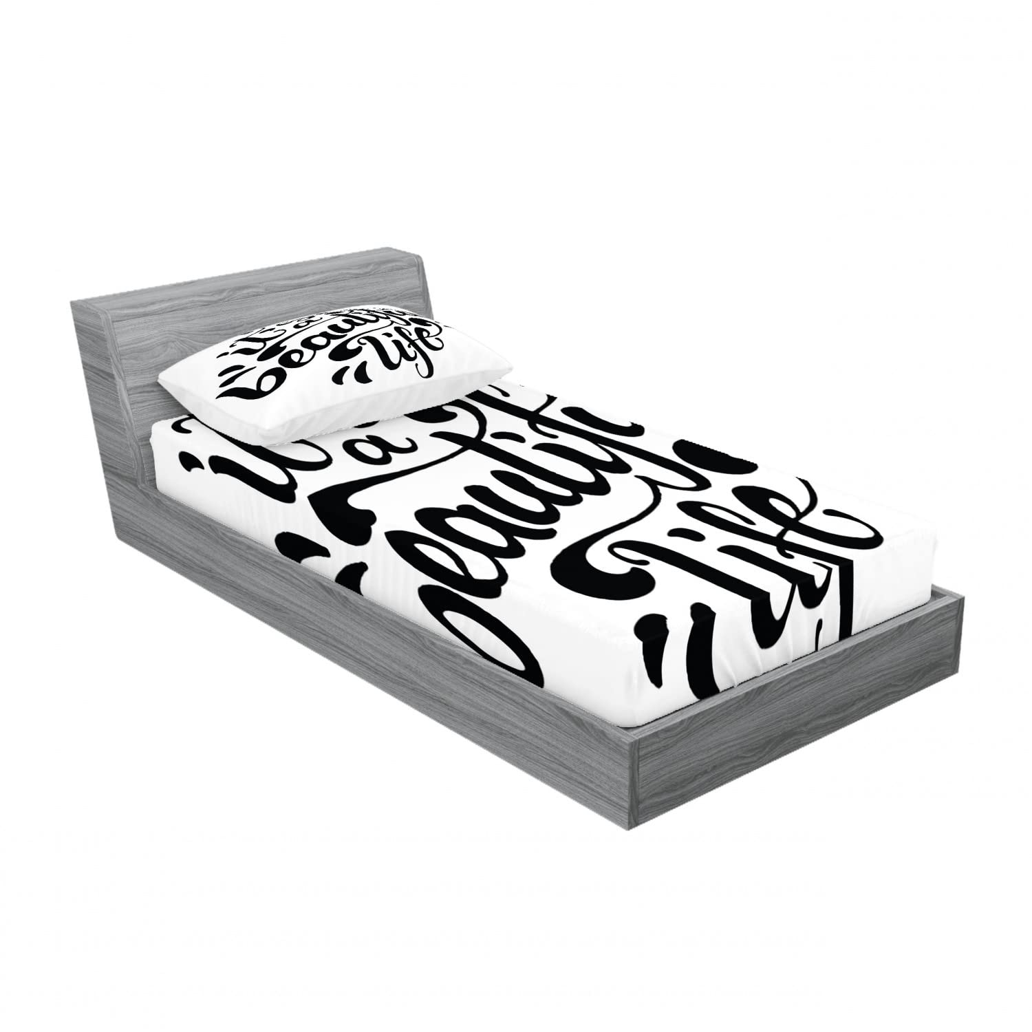 Ambesonne 2-Pack Twin Fitted Sheets & Pillow Shams Set - Inspirational Positive Life Bedding Decor (Black & White) - Includes 2 Fitted Sheets & 2 Pillow Covers - Perfect for Dorm Rooms, Guest Beds & Kids' Bedrooms