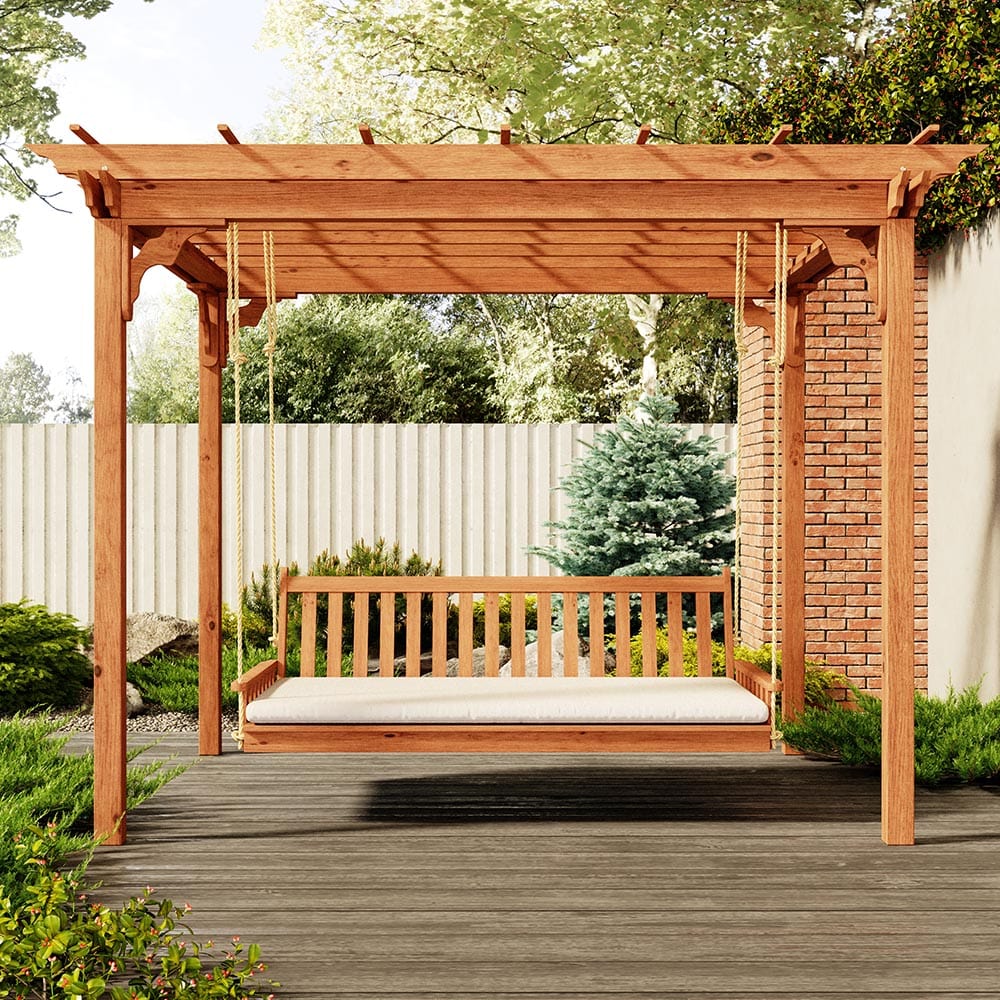 Franklin Red Cedar Pergola Swing Bed Set by Keystone Amish Co. - Outdoor Patio Furniture for Relaxing in Garden, Backyard or Porch