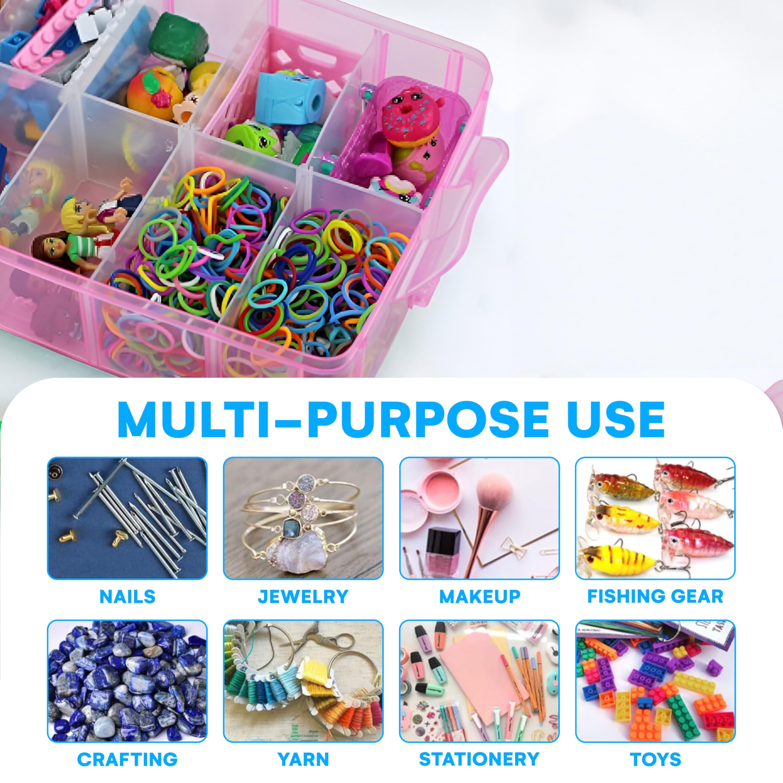 Bead Organizer with Adjustable Compartments - 4 Tier 20 Compartment Pink Storage Box for Dolls, Crafts, Mini Toys, Jewelry & Beads - Durable Toy Organizer for Kids & Adults - Perfect for Craft Rooms, Playrooms & Travel Organization