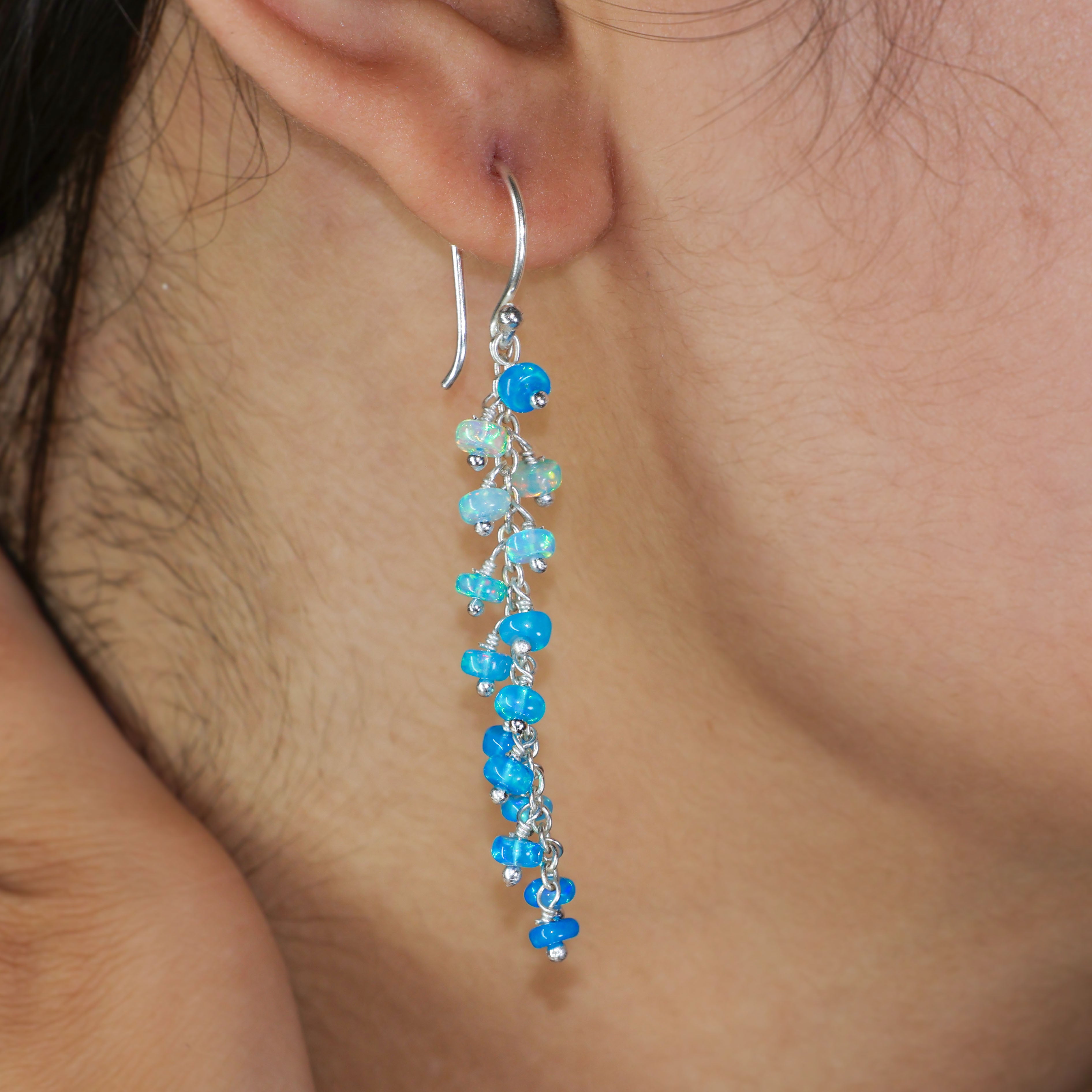 Sky Blue Fire Ethiopian Opal Beaded Chain Cluster Earrings – Handmade Boho Chic Jewelry for Women, Perfect for Parties, Weddings & Everyday Wear