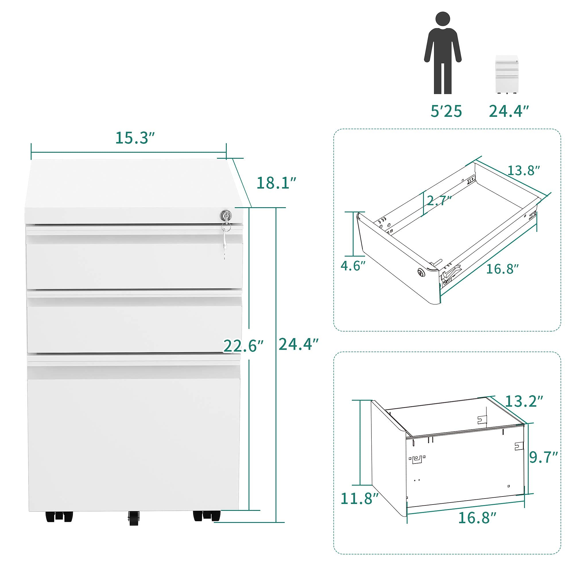 YITAHOME 3-Drawer Locking Mobile File Cabinet - Pre-Assembled Metal Office Storage for Legal/Letter Size Documents - Under Desk Filing Cabinet with Wheels (White) - Perfect for Home Office, Small Business & Workspace Organization