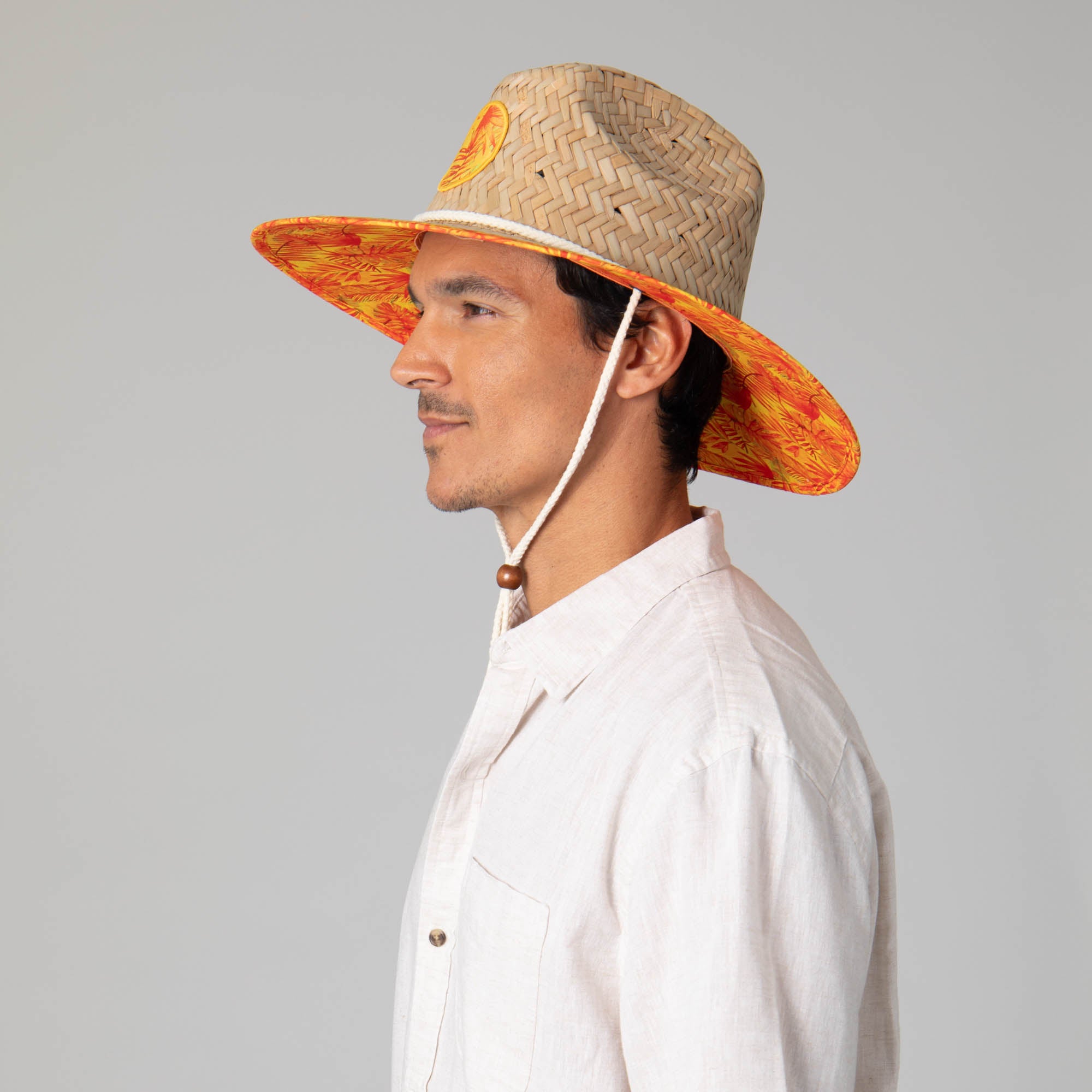 Men's Straw Lifeguard Hat with Tropical Print Under Brim - Perfect for Beach, Pool, and Summer Outdoor Activities