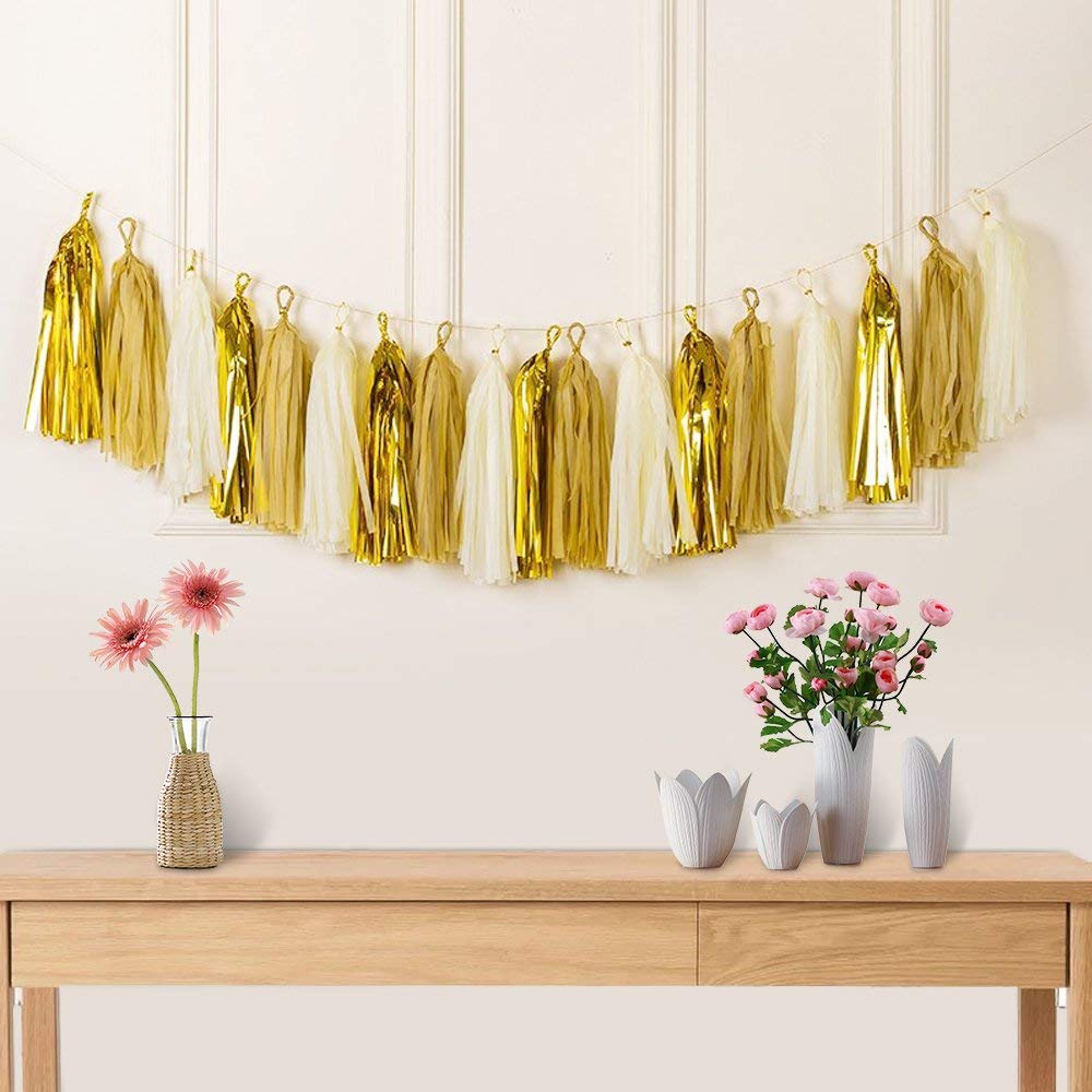 Shiny Tassel Garland - 15pcs Metallic Gold, Tan & Ivory Tissue Paper Tassels Banner for Birthday Party, Bridal Shower, Baby Shower, Wedding & Table Decorations - Perfect for Festive Events, Home Decor & Photo Backdrops