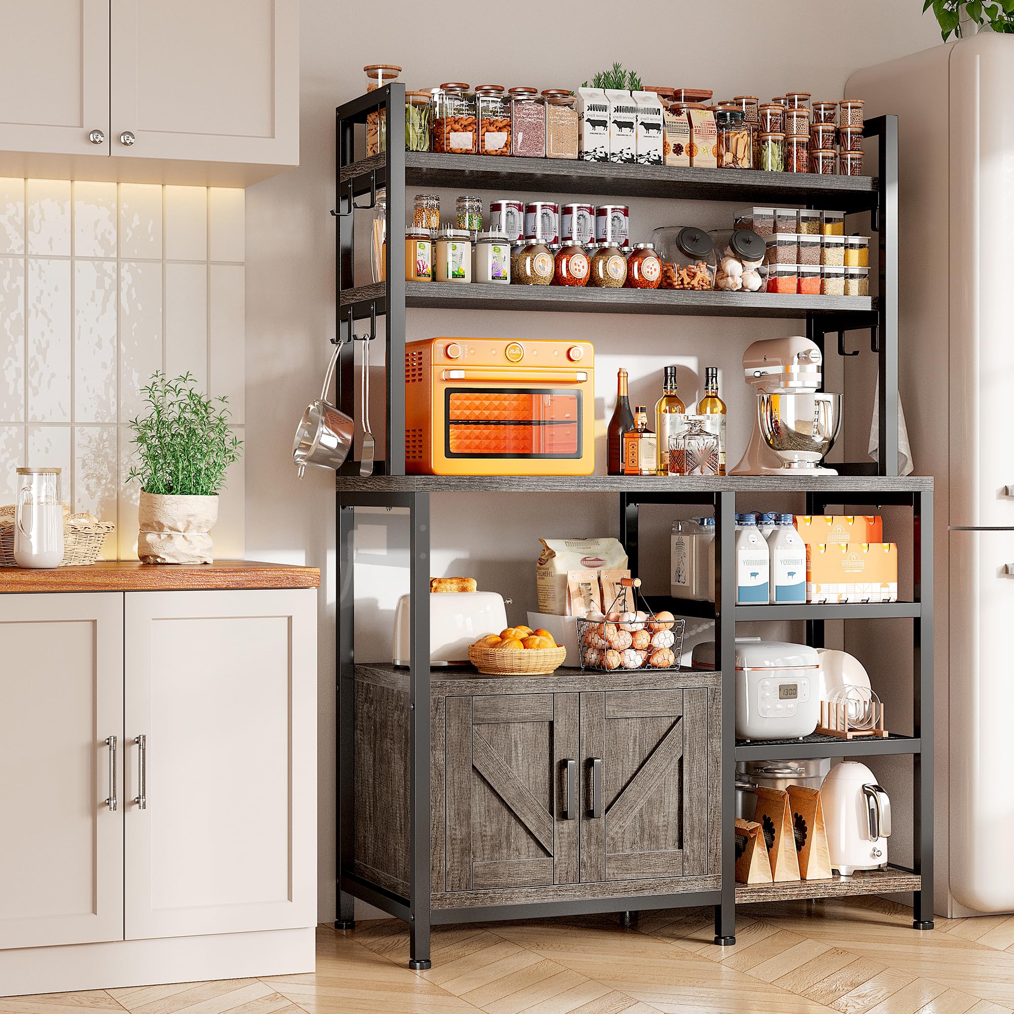 EnHomee 6-Tier Bakers Rack for Kitchen - Coffee Bar with Storage Cabinet, Microwave Stand with Large Capacity & Side Hooks - Perfect for Kitchen Organization, Coffee Station Setup & Small Appliance Storage