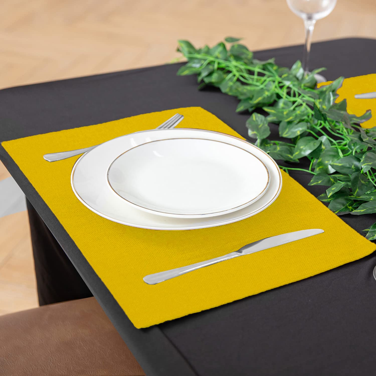 Premium 8-Piece Linen-Like Polyester Placemats Set - Machine Washable, Heat Resistant & Wrinkle-Free Thick Dining Table Mats for Kitchen & Home Decor (Yellow) - Perfect for Everyday Meals, Dinner Parties & Holiday Gatherings
