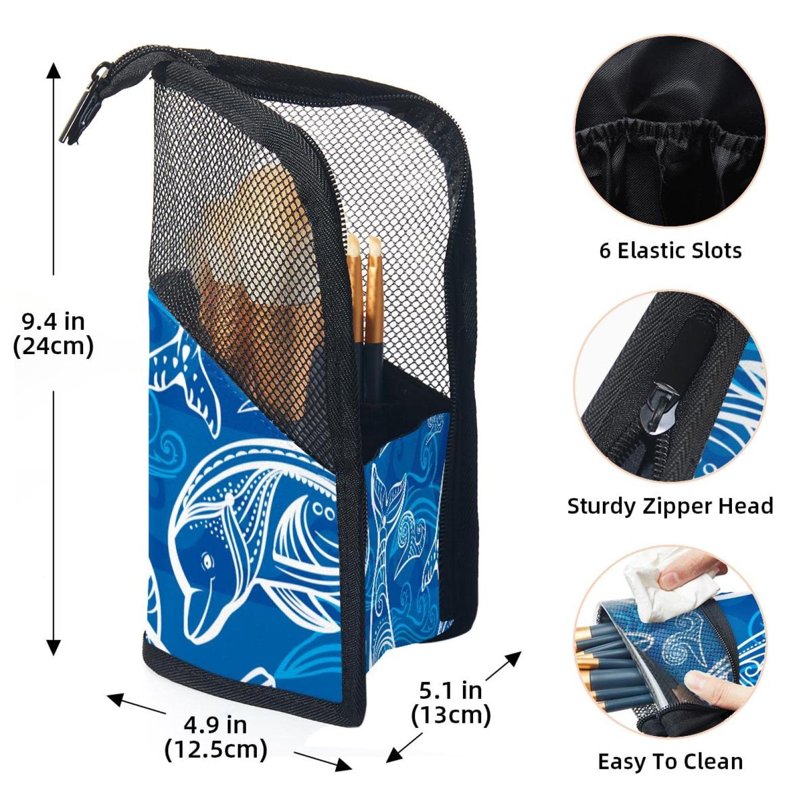 12-Piece Makeup Brush Organizer Bag with Abstract Waves & Ocean Whale Design - Portable Cosmetic Brush Holder Case for Travel, Home & Professional Use