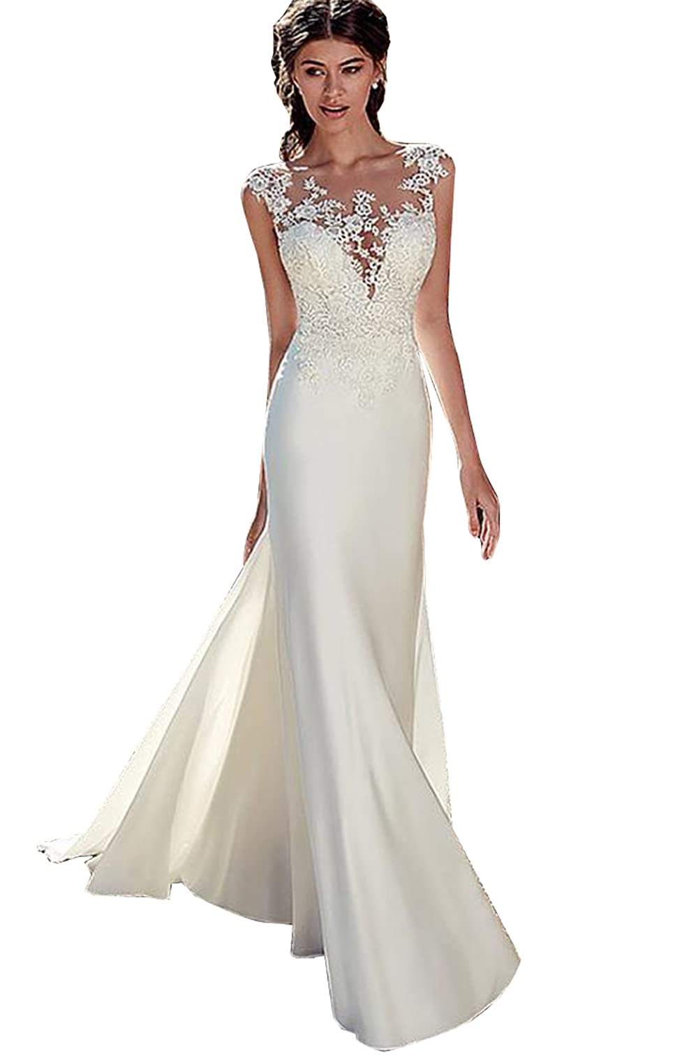 Elegant Lace Applique A-Line Beach Wedding Dress for Bride 2021 - Satin Bridal Gown for Beach, Garden & Destination Weddings