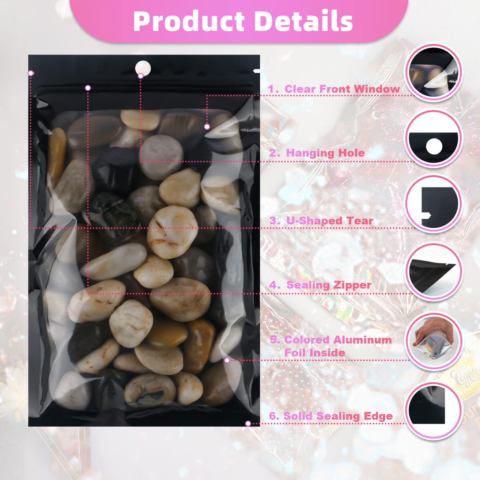 100 Pack Resealable Mylar Bags with Front Window & Holographic Design - 4.1 x 5.9 Inch Food Storage Bags with 100 Color Labels (Black) - Perfect for Small Business, Candy Packaging, Coffee Storage & Snack Organization