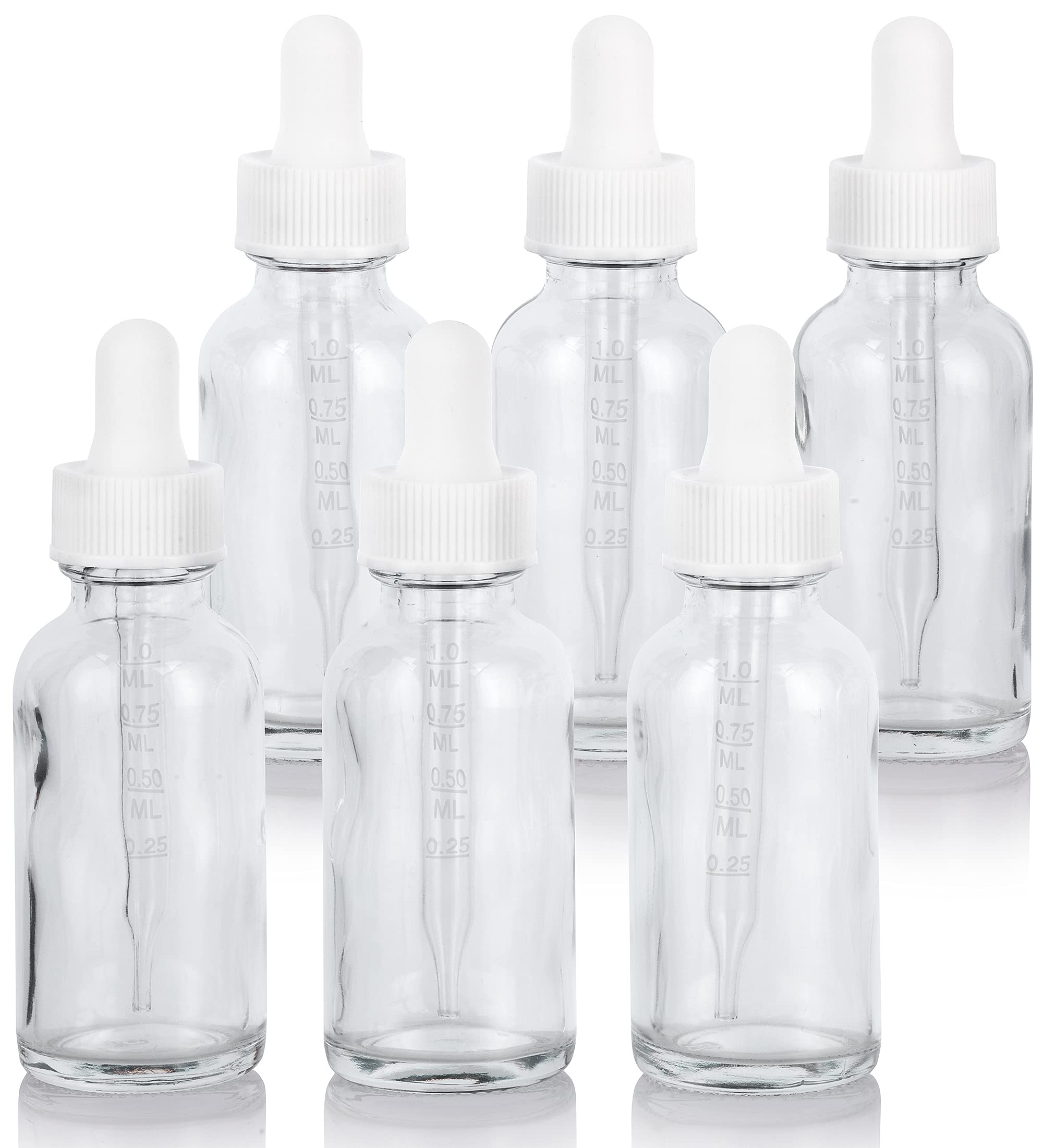 JUVITUS 1 oz Clear Glass Empty Boston Round Bottle with White Cap & Graduated Glass Dropper (6 Pack) - Perfect for Essential Oils, DIY Skincare, and Liquid Supplements