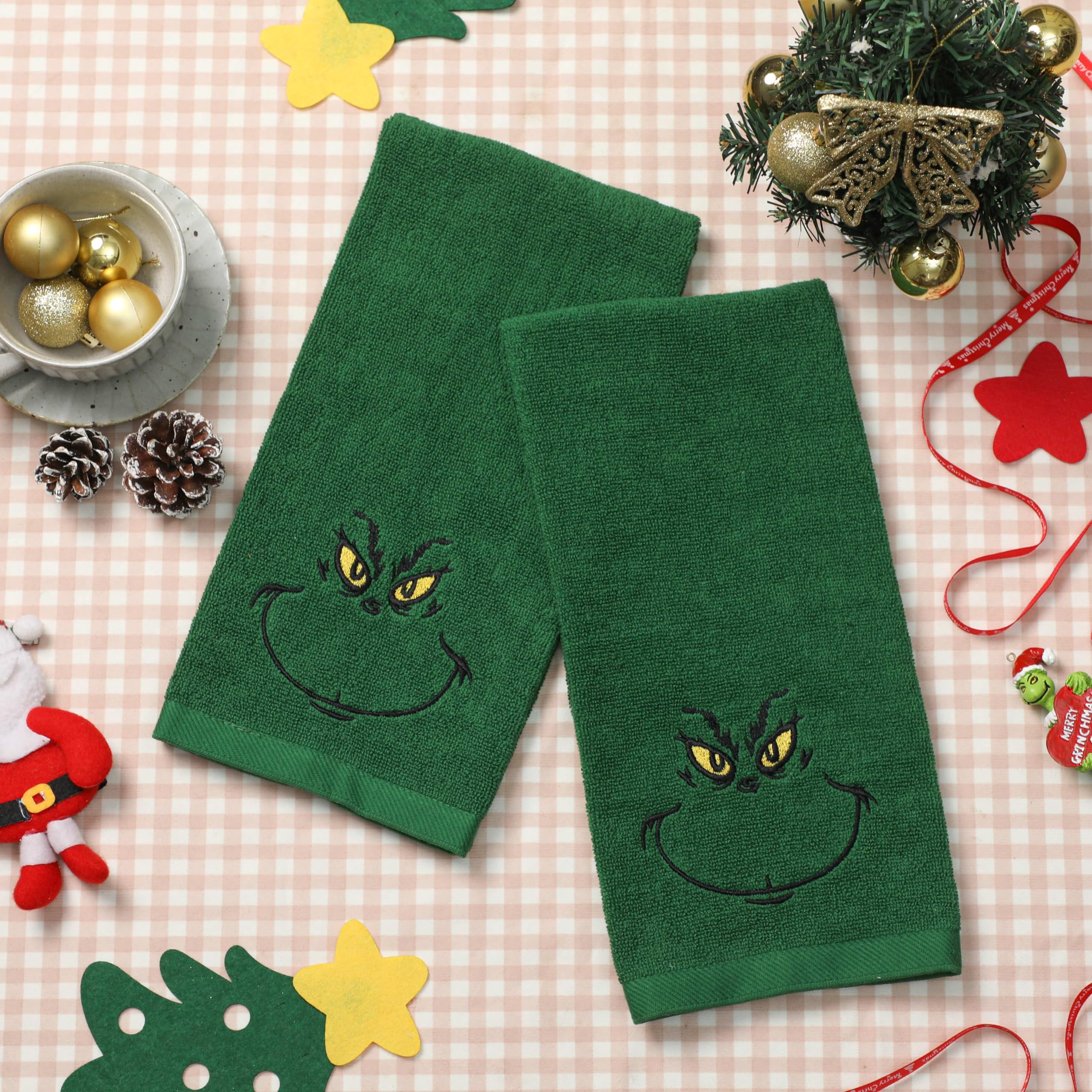 Premium Christmas Hand Towels Set of 2 - 100% Cotton Embroidered Grinch Design - 14x29 Inch Absorbent Kitchen & Bath Towels - Festive Holiday Decor & Gift Idea for Home, Parties, and Seasonal Decorations