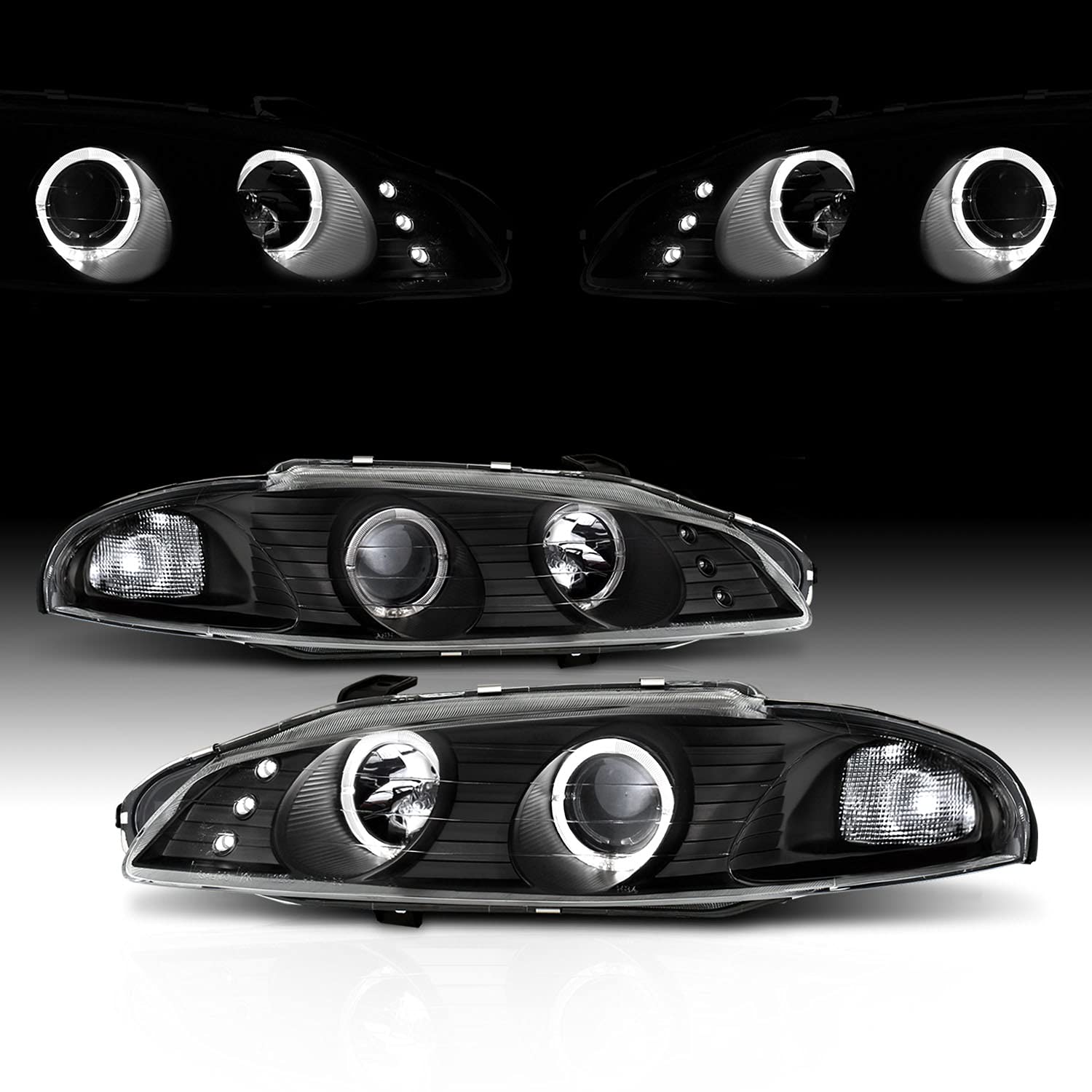 AmeriLite G2 Projector Headlights with Halo Rings - Black for Mitsubishi Eclipse (Passenger & Driver Side) - High-Performance Lighting for Night Driving & Car Customization