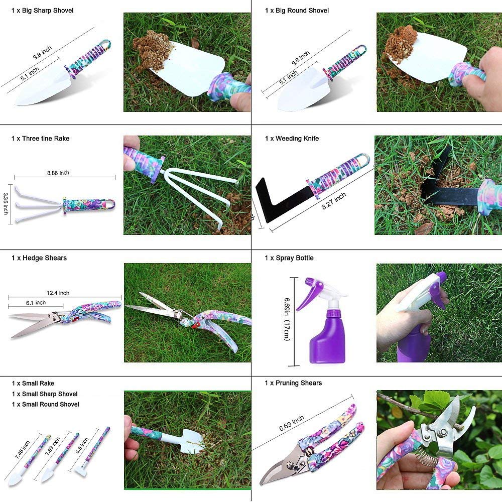 11-Piece Purple Floral Garden Tools Set with Ergonomic Handles - Trowel, Rake, Shovel, Pruner, Shears, Sprayer & Gloves in Carrying Case | Perfect Gardening Gifts for Women, Outdoor Planting & Yard Work