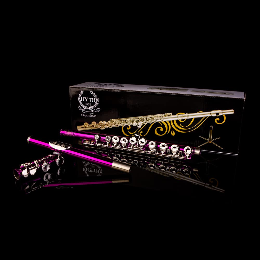 16 Keys C Flute with Engraved Flower Design - Closed Hole Student Flute for Beginners | Includes Cleaning Kit, Stand, Carrying Case, Gloves & Tuning Rod | Perfect for School Band, Music Practice & Gift (Pink)