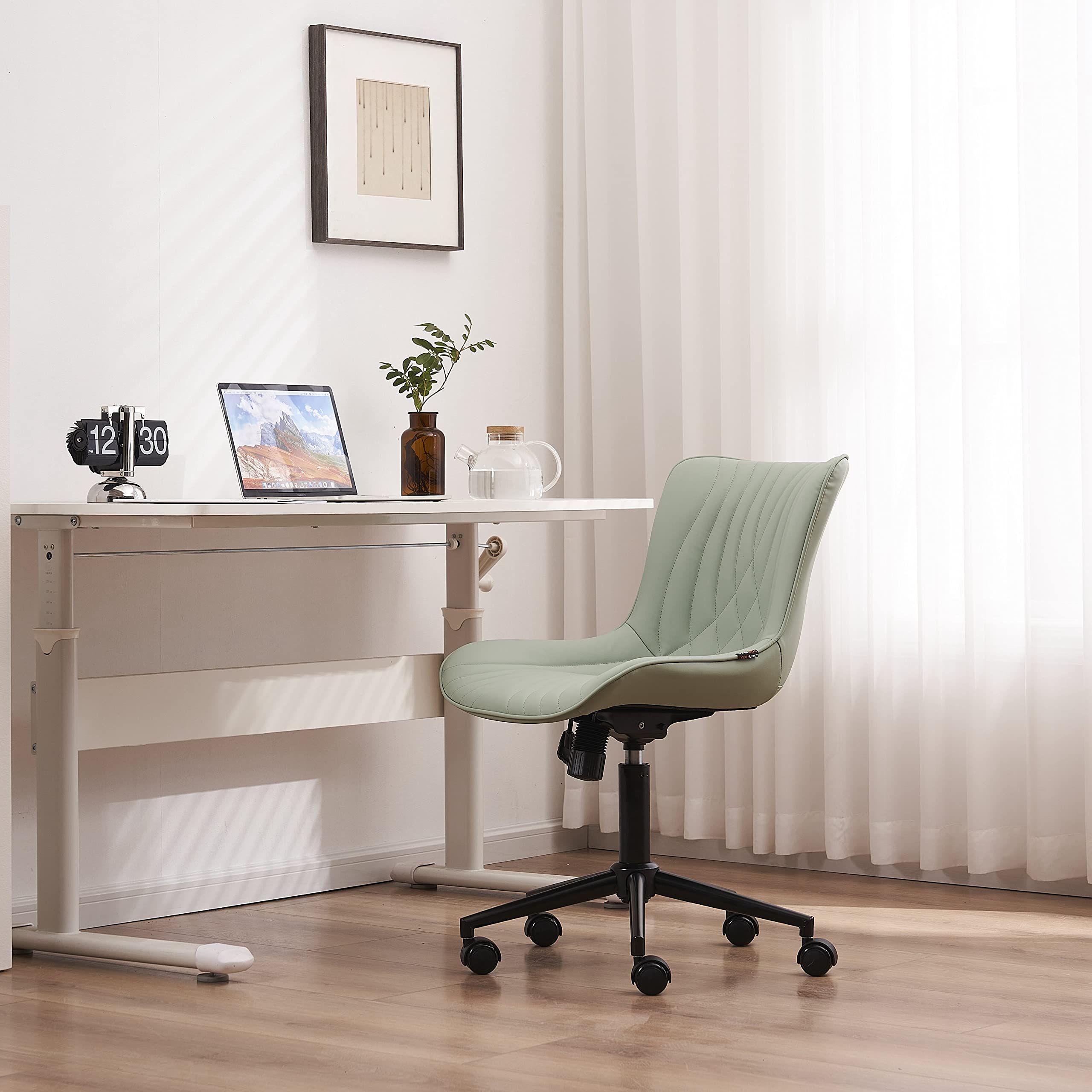 YOUNIKE Ergonomic Office Chair - Armless Desk Chair with Wheels, Adjustable Swivel Rolling Task Chair for Home Office - Modern Faux Leather Padded Computer Chair with Back Support in Mint Seafoam Green - Perfect for Work from Home, Gaming & Study Sessions