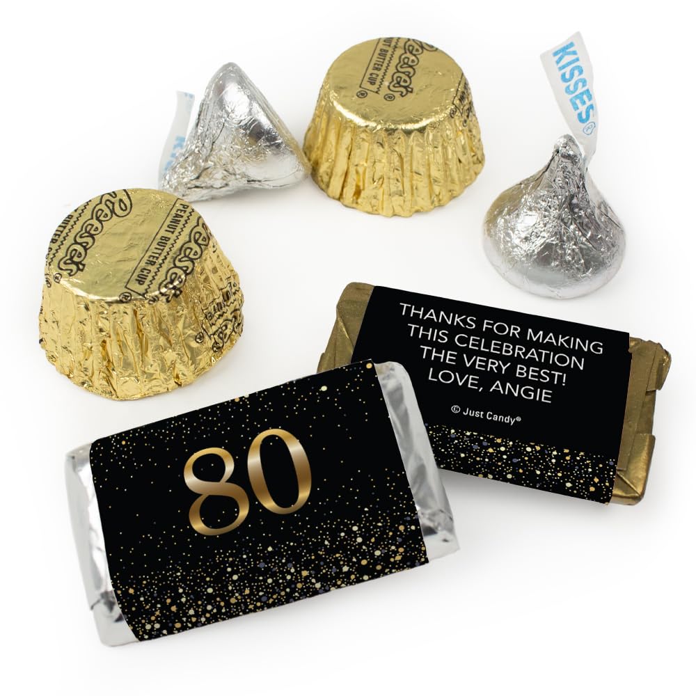 200pcs Personalized 80th Birthday Candy Kit - Custom Wrapped Mini Chocolate Party Favors for Guests (Hershey's Kisses & Reese's Peanut Butter Cups) - Bulk Candy Buffet Supplies for 80th Birthday Celebrations, Retirement Parties & Milestone Events