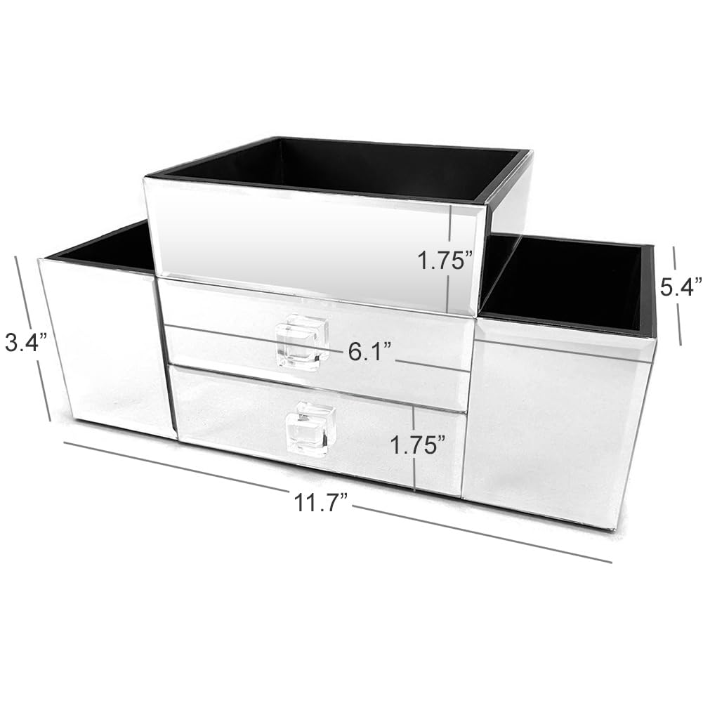 Emma 2 Drawer Tiered Mirrored Glass Makeup & Jewelry Organizer - Rose Gold Vanity Tray with Mirror for Bedroom Dresser & Bathroom Countertop Organization