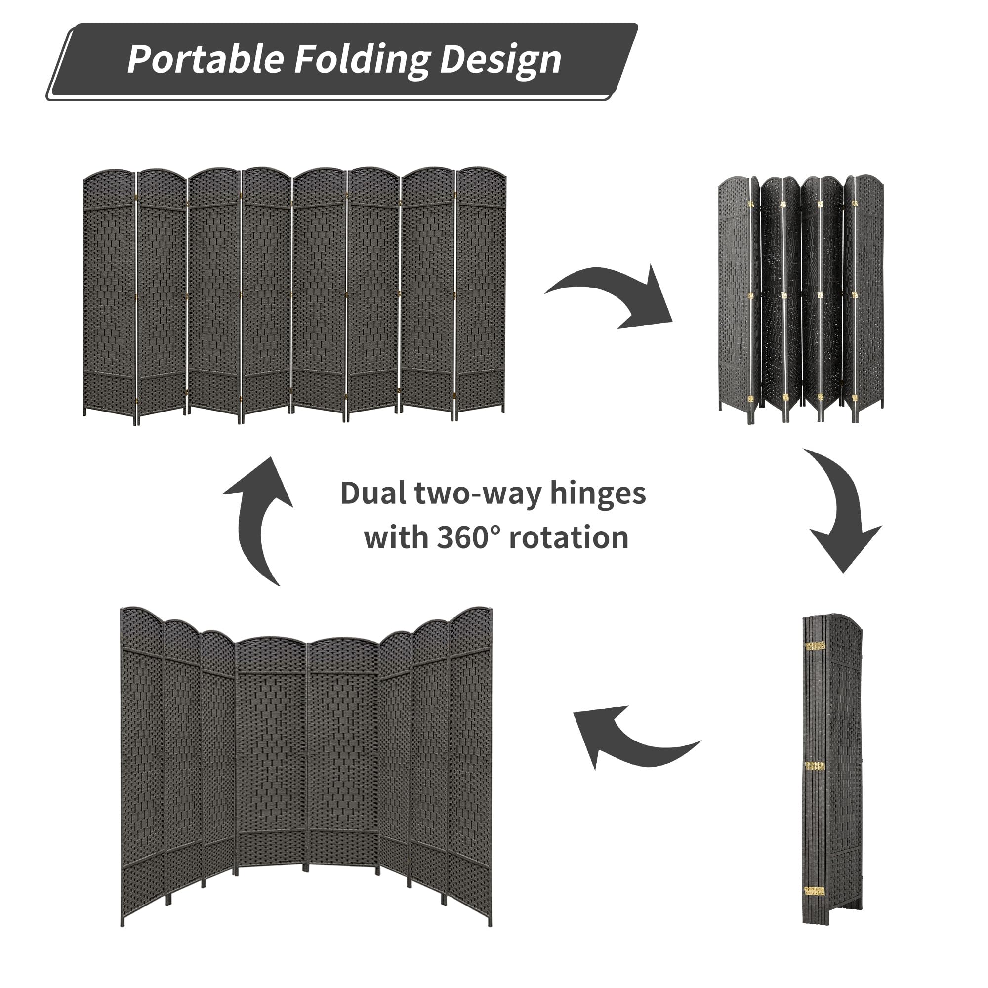 Duraspace 8-Panel 6FT Tall Woven Fiber Room Divider - Freestanding Double Hinged Folding Privacy Screen for Home, Office, Patio & Events (Gray) - Perfect for Creating Private Spaces Indoors & Outdoors