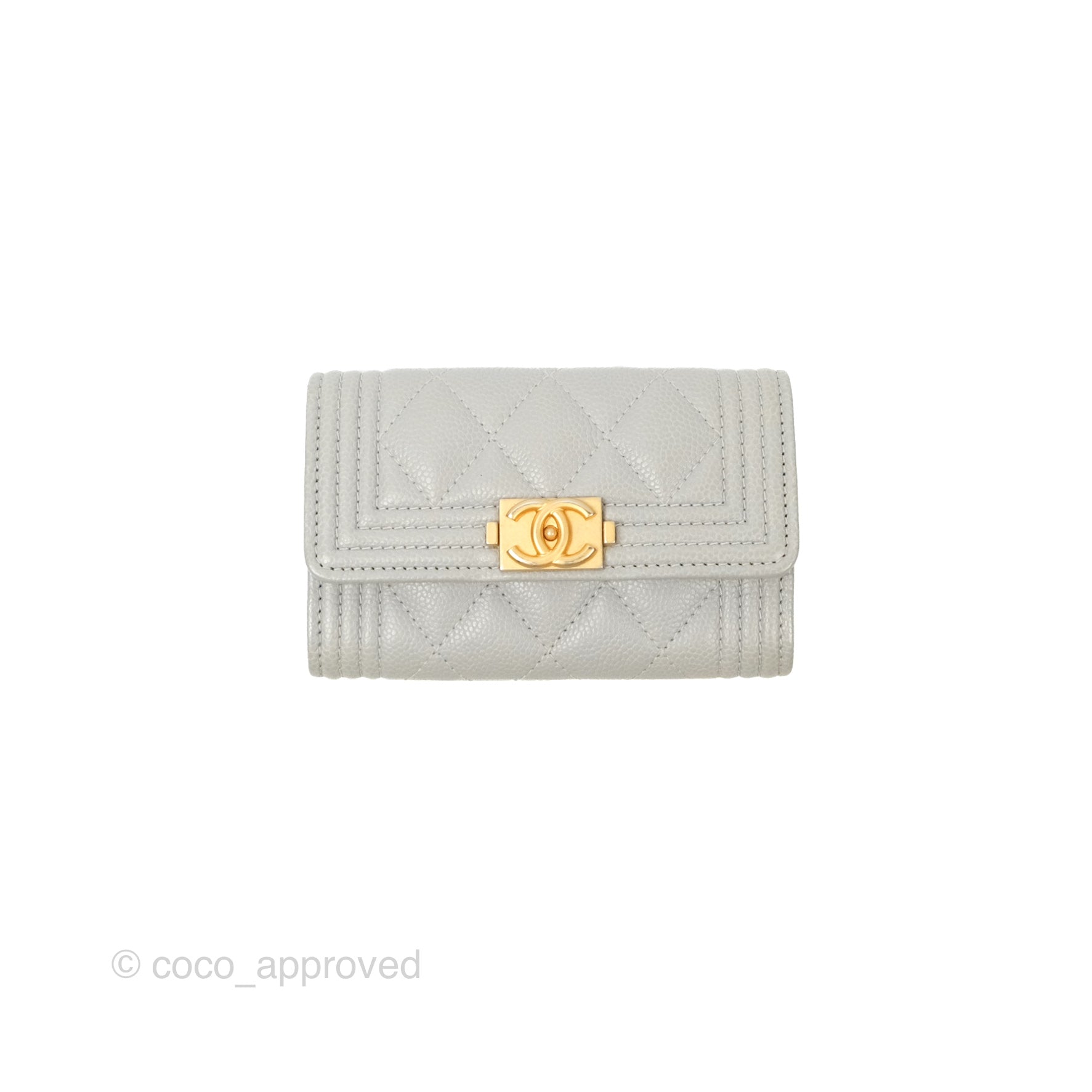 Chanel Boy Quilted Flap Card Holder Wallet in Grey Caviar Leather with Aged Gold Hardware - Perfect for Everyday Use & Luxury Gift Giving