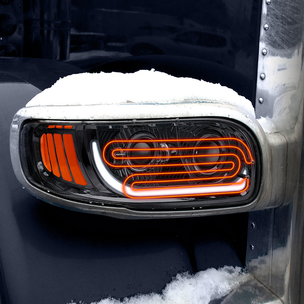 Peterbilt Passenger Side Black LED Heated Headlight - High Visibility & Durable for Trucks, Winter Driving & Nighttime Safety