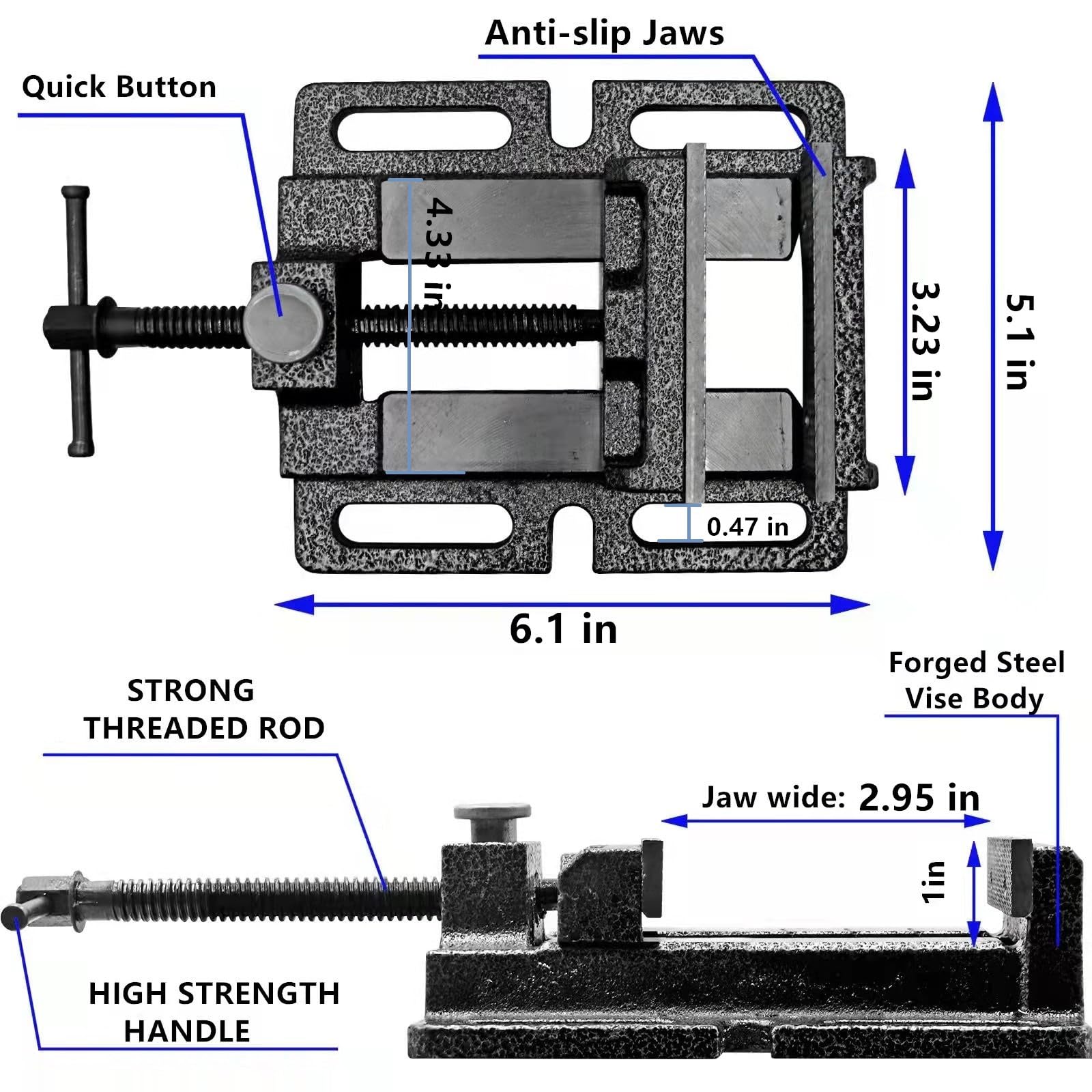 3'' Drill Press Vise - Quick Release Clamp-on Bench Vise with Slotted Base | Heavy Duty for Woodworking, Metalworking & Milling | Low Profile Design for Benchtop & Drill Press | Perfect for DIY Projects, Carpentry & Metal Fabrication