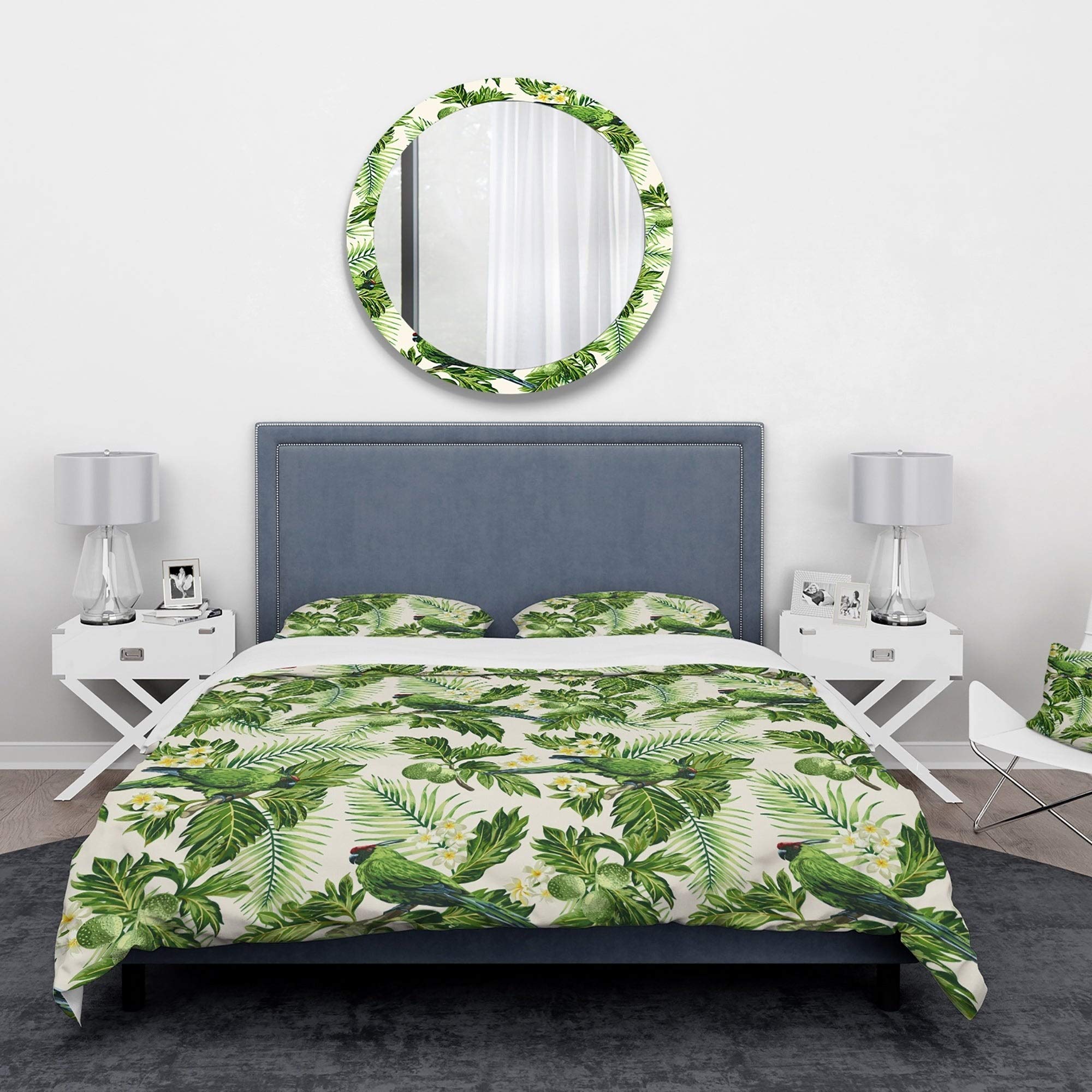 Designart Tropical Leaves Green Bird and White Flowers Animal Print Bedding Set - King Size Duvet Cover + 2 Shams | Jungle Theme Bedroom Decor for Home & Guest Room