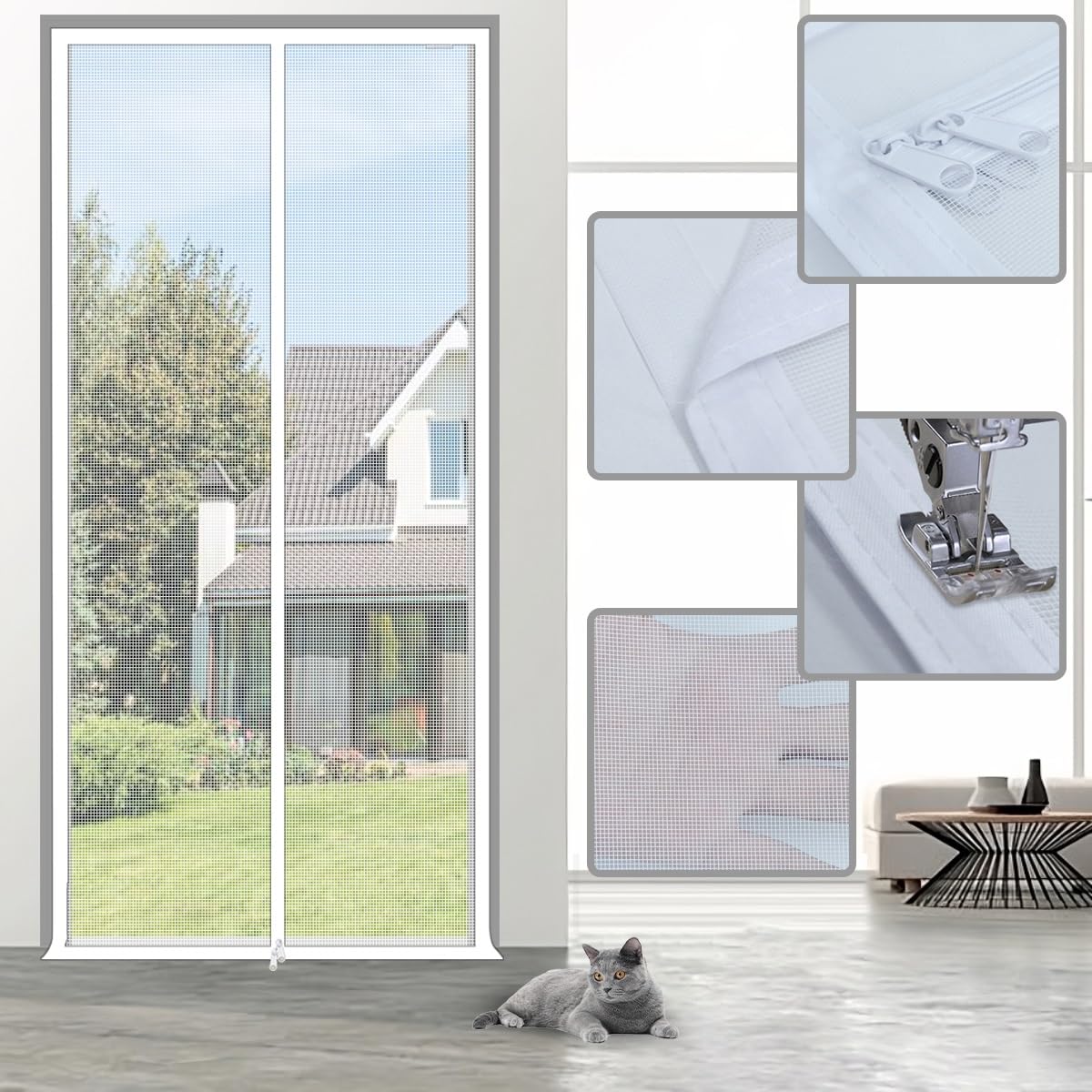 35.5x82.5'' Heavy Duty Cat Screen Door with Reinforced Mesh & Zipper - Pet Proof Curtain for Living Room, Bedroom, Patio (Black, 110x220cm) - Perfect for Indoor/Outdoor Use & Pet Safety