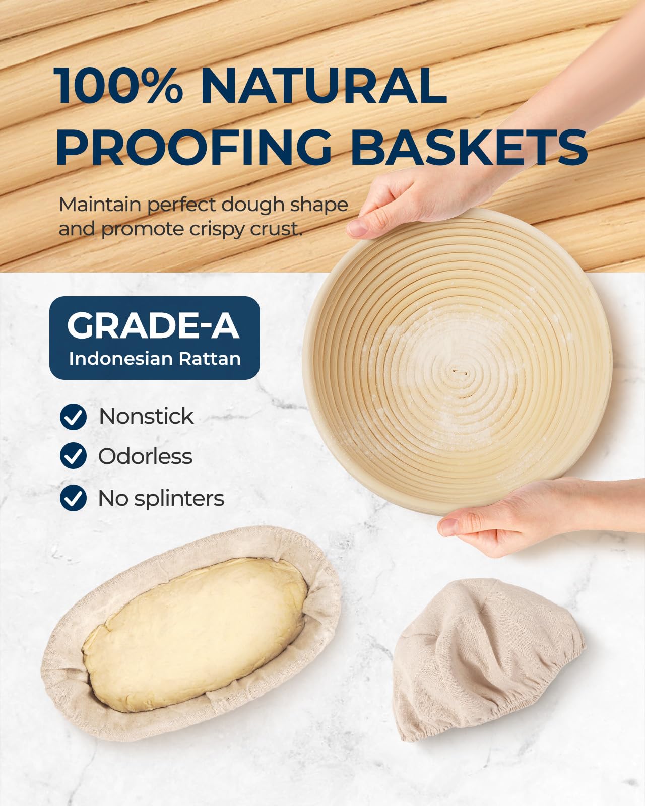 Premium 10 Inch Round & Oval Banneton Proofing Basket Set of 2 - Natural Cane Bread Proofing Baskets for Sourdough Baking | Essential Bread Making Kit for Artisan Homemade Loaves (Perfect for Rustic Bread, Baguettes & Pastries)